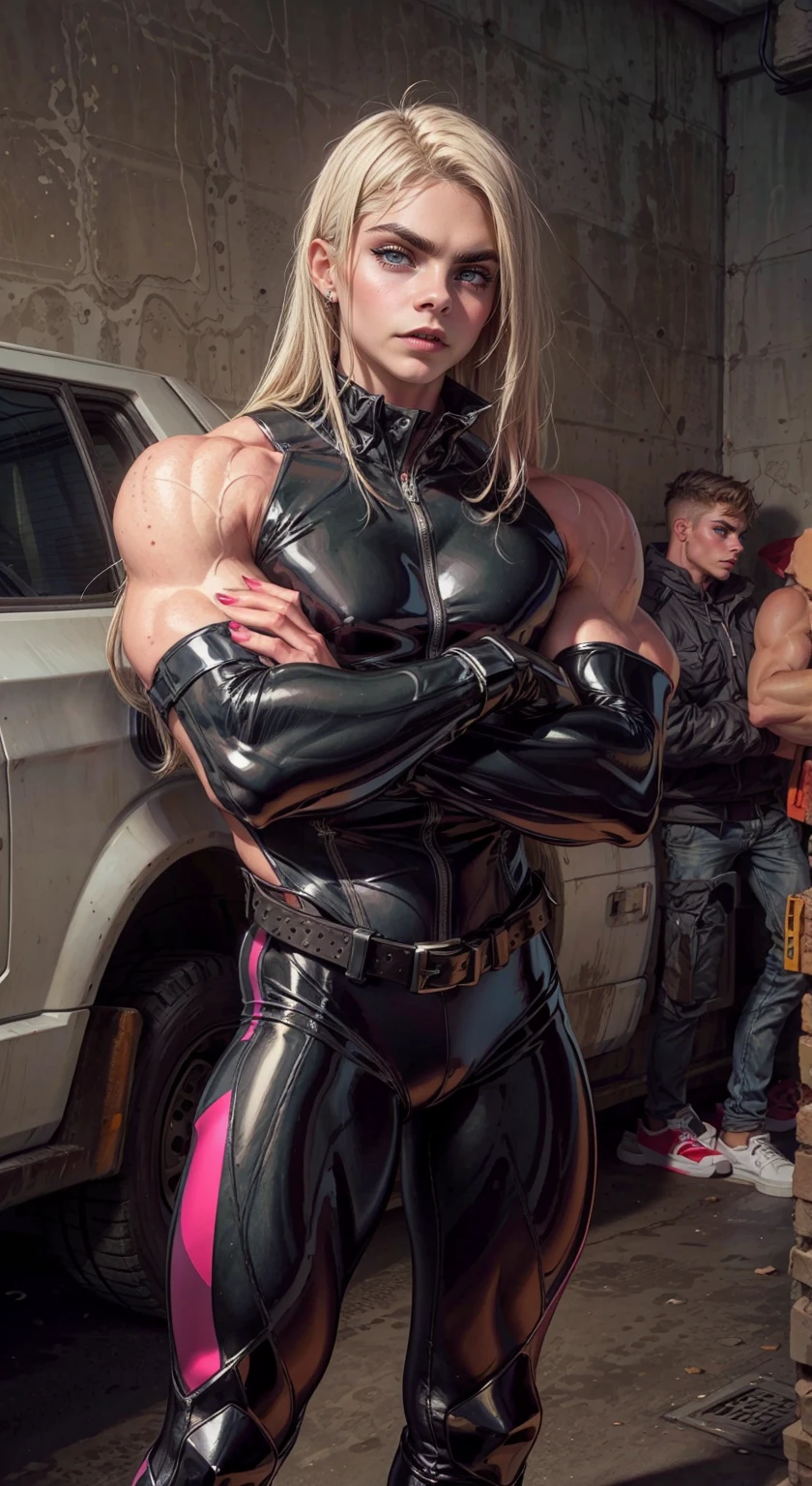 (1 girl), (cara delevingne), young girl, masculine physique, seductive face, seductive look, long pink hair, perfect muscular body, super skinny legs, latex pants, sissy, femboy, (huge muscular arms:1.25),
