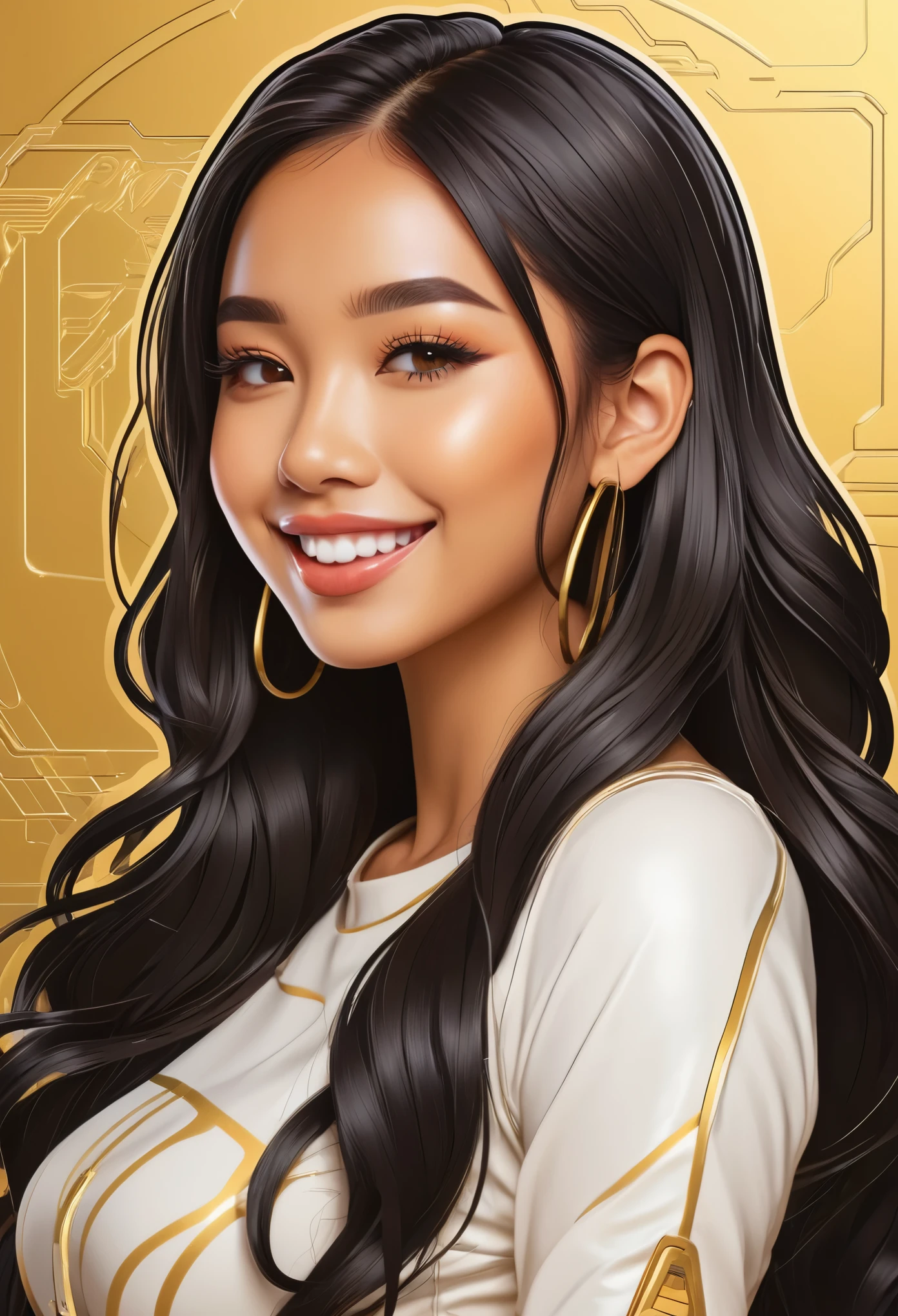 (a sticker,),(3D anime beautiful Filipina tan girl), (In circlerown background), (cyberpunk border), ultra - detailed, Detailed diagram, vectorized, 8K, Professional sticker design, Graphic design, vector lines, a sticker, Full-HD, luxury office, long wavy black hair with gold streaks, smiling kindly, ultra detailed, light cream background, light gold and black color scheme