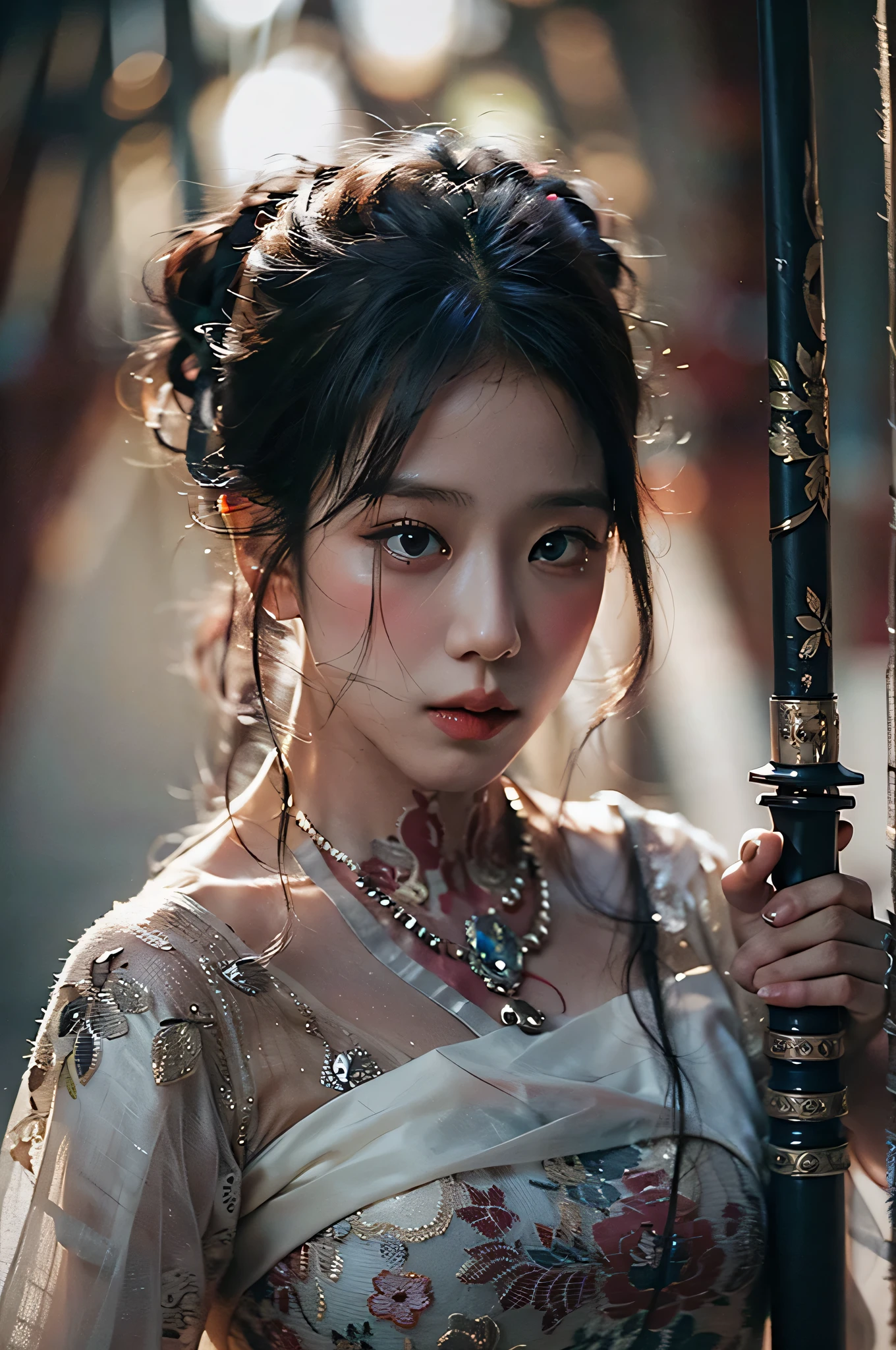 (highest image quality), (masterpiece), (vibrant, photography realistic, Realistic, Dramatic, Dark, Sharp focus, 8K), beautiful, Highly detailed face and skin texture, sexy wedding dress, ethereal beauty, mature asian woman,black long hair, make up, nsfw ,Close up shot, ((backlight)), holding sword, samurai wedding