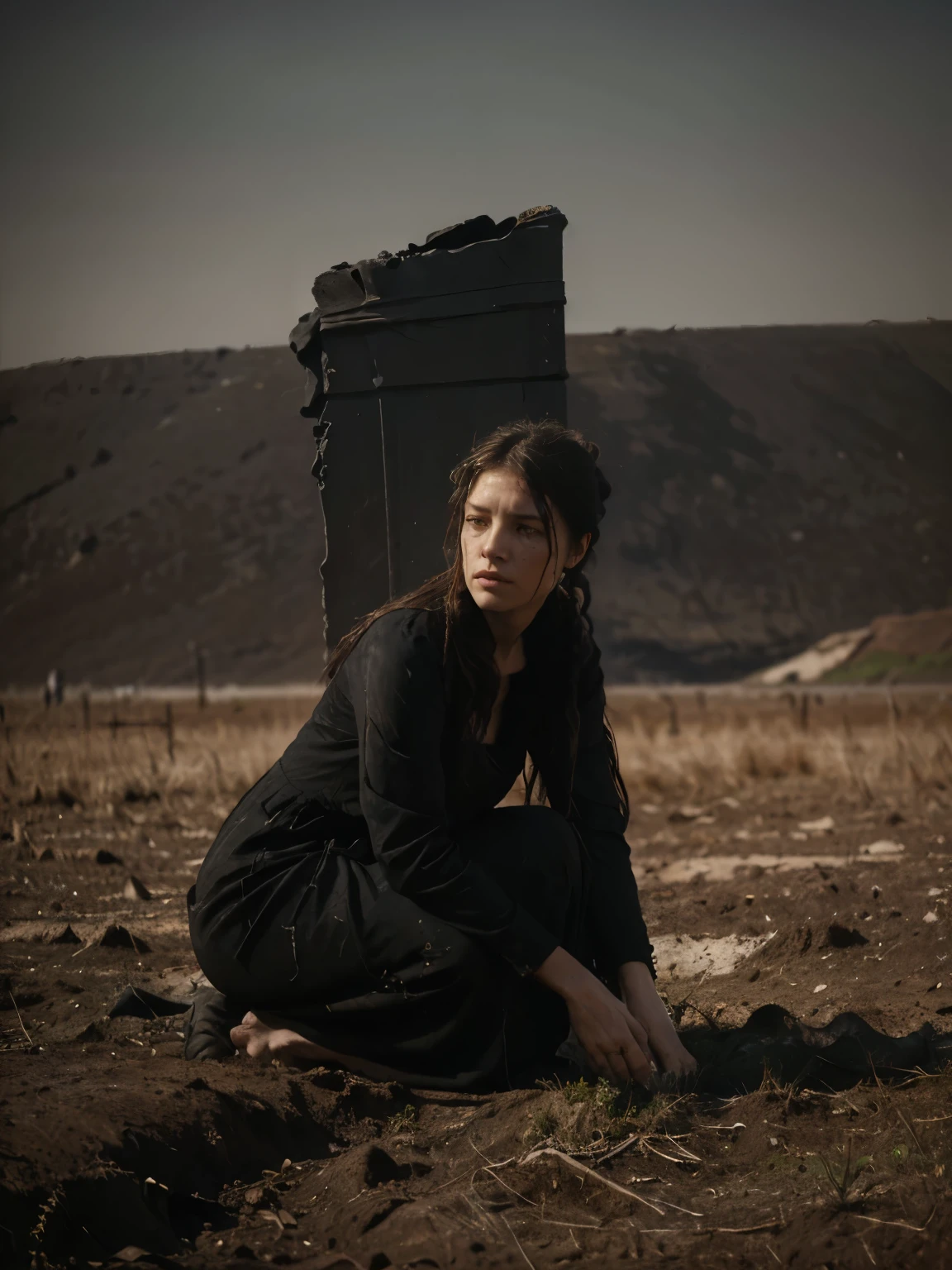 ((Jeremy Lipking style)) ((Nicola Samori style)) woman buried up to her knees sad, very ugly, ((long black dress)), front, sky, field)), hair up, (oil on linen), (photo Nikon D800, 50mm
lens), focus, ((in the ground)) ((buried knee-deep in the ground))