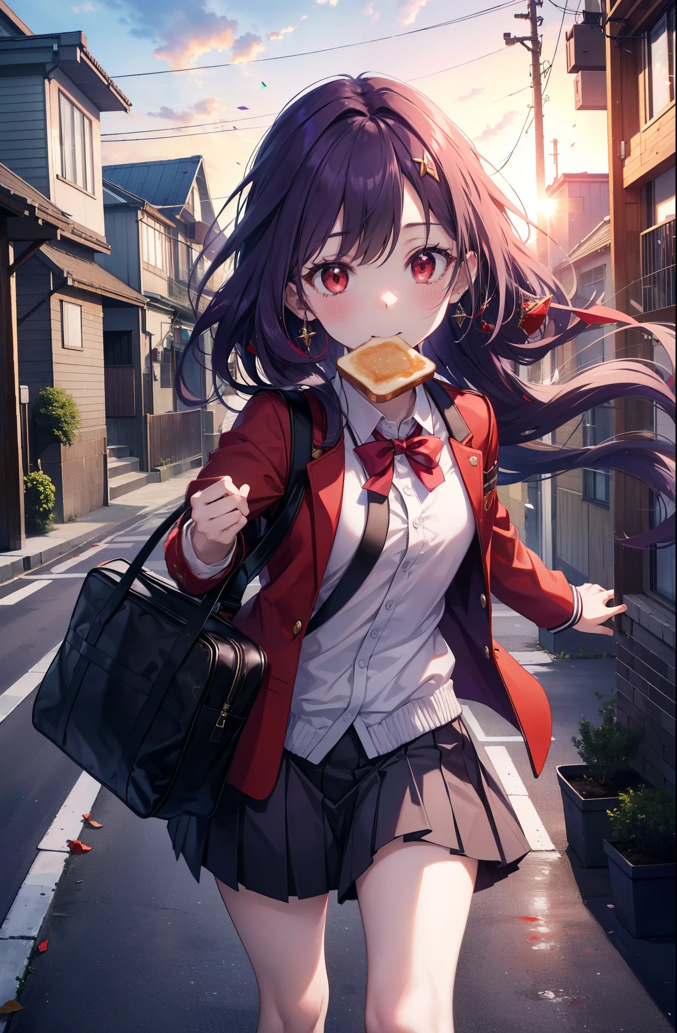 yuukikonno, Yuki Konno, hair band, Long Hair, Pointy Ears, Purple Hair, (Red eyes:1.5), (Small breasts:1.2), smile,White Y-shirt,Sweater vest, (紫色 Sweater vest:1.5),,Short sleeve,Purple pleated skirt,black tights,Brown Loafers,Toast in the mouth, running, City Street,morning,morning日,sunrise,A girl running,
break looking at viewer, Upper Body, whole body,
break outdoors, Residential area crowd, people々々,
break (masterpiece:1.2), highest quality, High resolution, unity 8k wallpaper, (shape:0.8), (Fine and beautiful eyes:1.6), Highly detailed face, Perfect lighting, Highly detailed CG, (Perfect hands, Perfect Anatomy),