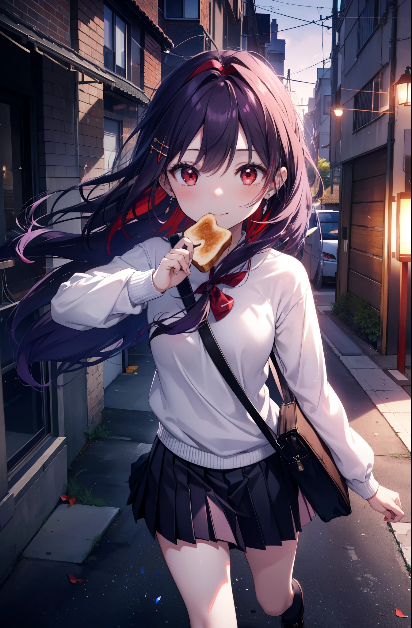 yuukikonno, Yuki Konno, hair band, long hair, pointed ears, purple hair, (red eyes:1.5), (small breasts:1.2), smile、white Y shirt,purple blazer,Purple pleated skirt,black socks,brown loafers,toast in your mouth, running, city street,morning,morning日,sunrise,A girl running with a student bag,
break looking at viewer, Upper body, whole body,
break outdoors, residential street,
break (masterpiece:1.2), highest quality, High resolution, unity 8k wallpaper, (figure:0.8), (detailed and beautiful eyes:1.6), highly detailed face, perfect lighting, Very detailed CG, (perfect hands, perfect anatomy),