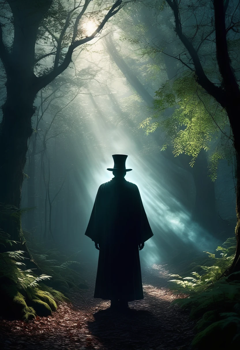 Tyndall effect,dark mysterious forest,dense canopy,light beam,gaps between leaves,Towering trees,dappled shadow,mist,hazy feeling, character,robe,Staff,magician,Faraway fantasy country,imagination,secret