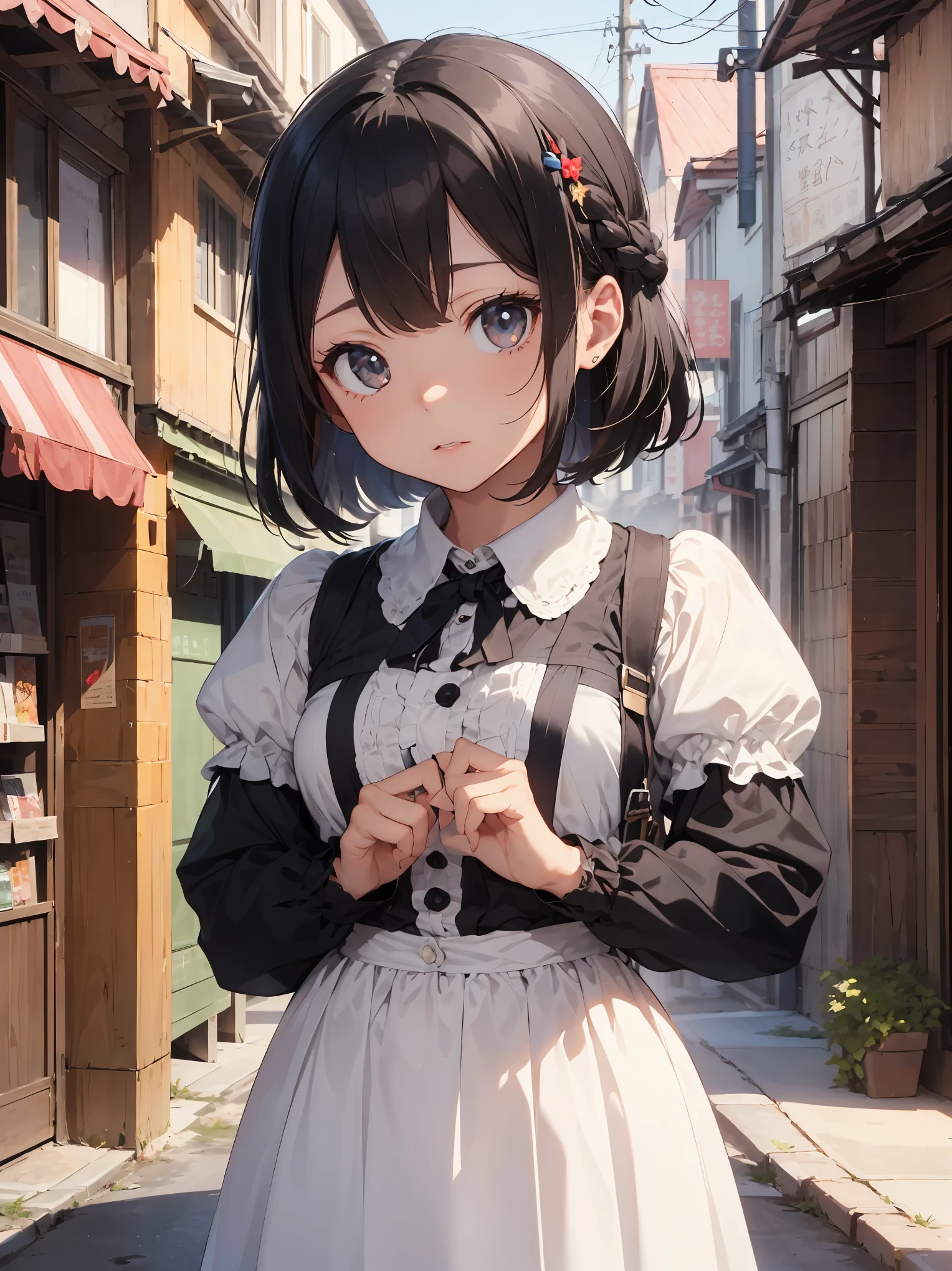 (highest quality、16K、masterpiece、ultra high resolution、Victorian era、Photoreal:1.2)、cowboy shot、One length bob cut braided hair clip with front drop、brand uniform cute、clear、 Tsundere、heroine attributes