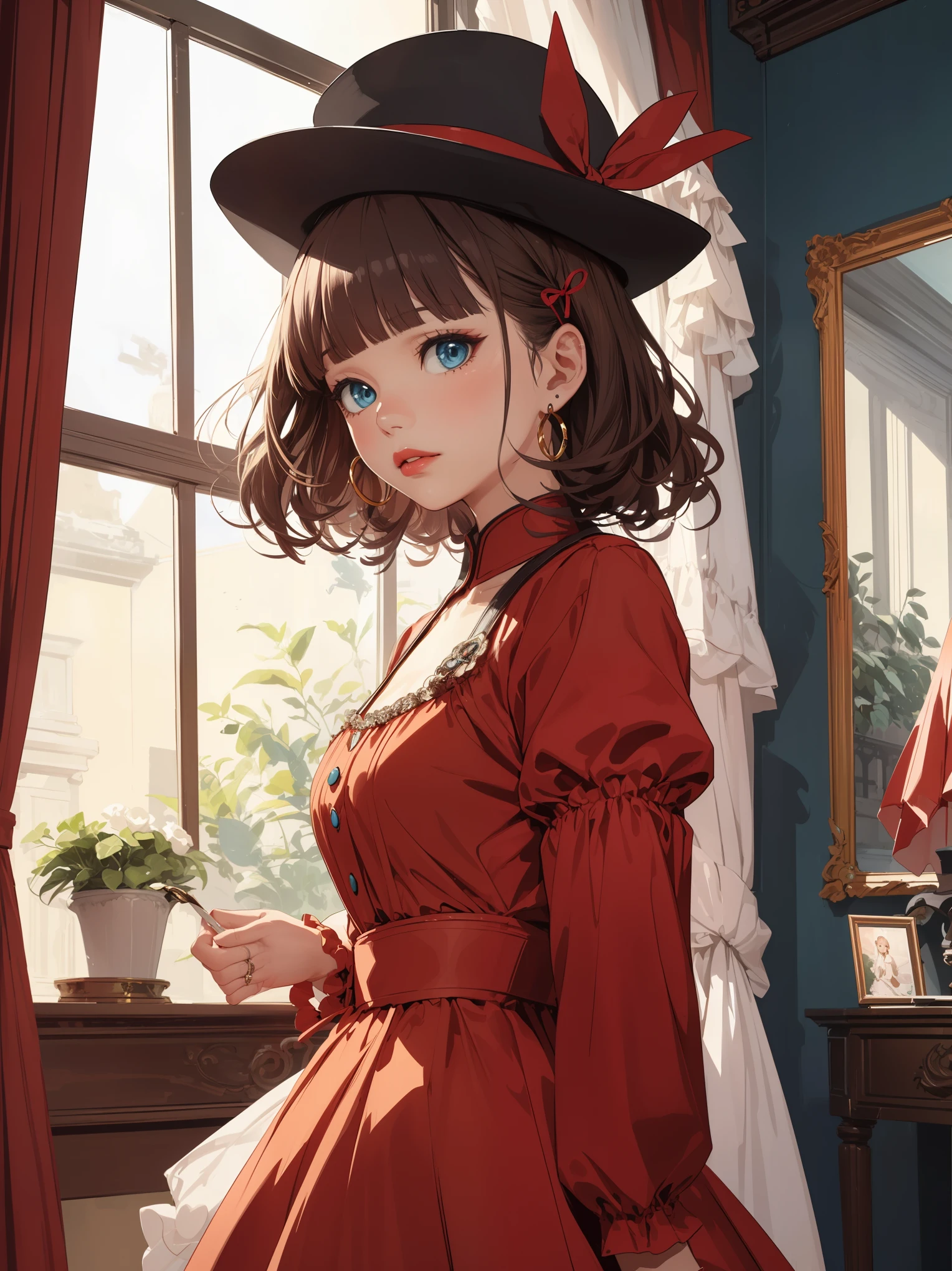 (((( best quality, masterpiece )))), ultra-detailed illustration, realistic, colorful
BREAK.
1girl, solo, outstanding looks, beautiful, bangs, brown hair, curly hair, red lips, medium hair, blunt bangs, aquamarine blue eyes,
BREAK
Bold poz, Cute poz, Embarrassing, Upward glance,
BREAK
Cosplay costume, rings, jewelry, earrings, ribbons, , hair ribbons, shirt, buttons, hat, red dress, dress, long sleeves
BREAK
Otherworldly Fantasy World View, Lamp, Indoors, Blurred Background, Kettle, Curtain, Raising Hand, Looking At Viewer, Distant, Window,