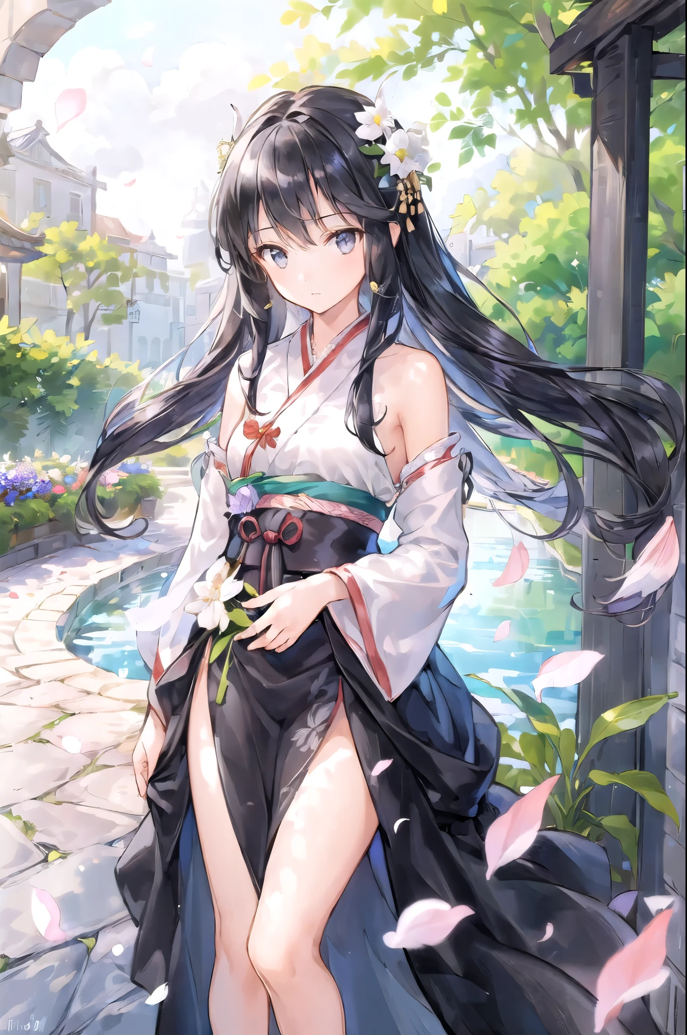 (girl: 1.5), race, ribbon, Hanfu, (masterpiece, side light, delicate and beautiful gray eyes: 1.2), masterpiece, realistic, shining eyes, shiny hair, black hair, long hair, shiny skin, alone, awkward, strapless, delicate, beautiful, garden, flowers, falling petals,