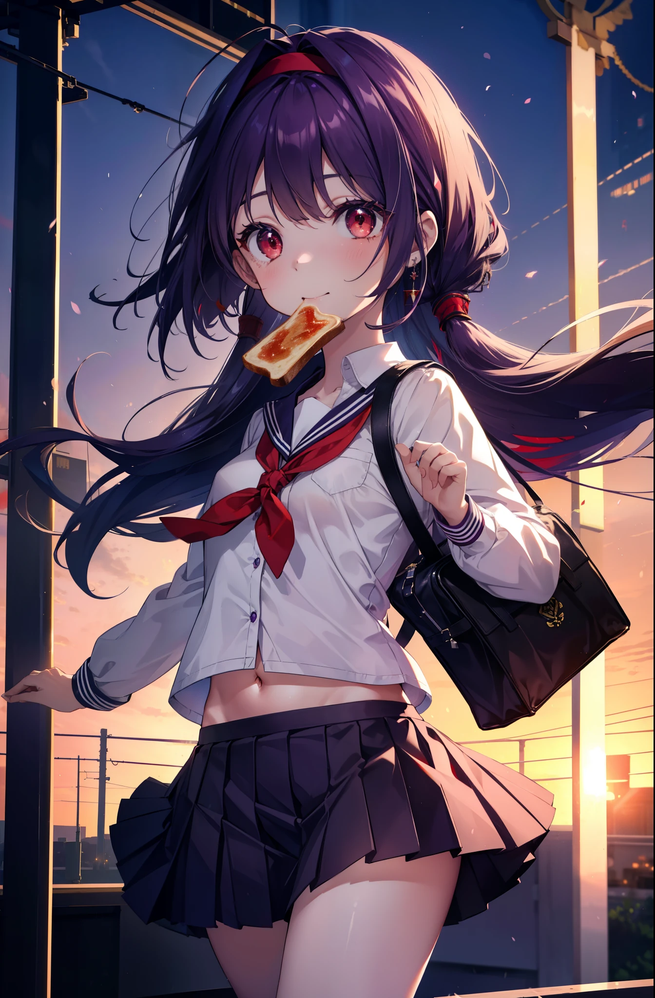 yuukikonno, Yuki Konno, hair band, long hair, pointed ears, purple hair, (red eyes:1.5), (small breasts:1.2), smile、white Y shirt,purple blazer,Purple pleated skirt,black socks,brown loafers,toast in your mouth, running, city street,morning,morning日,sunrise,A girl running with a student bag,
break looking at viewer, Upper body, whole body,
break outdoors, residential street,
break (masterpiece:1.2), highest quality, High resolution, unity 8k wallpaper, (figure:0.8), (detailed and beautiful eyes:1.6), highly detailed face, perfect lighting, Very detailed CG, (perfect hands, perfect anatomy),