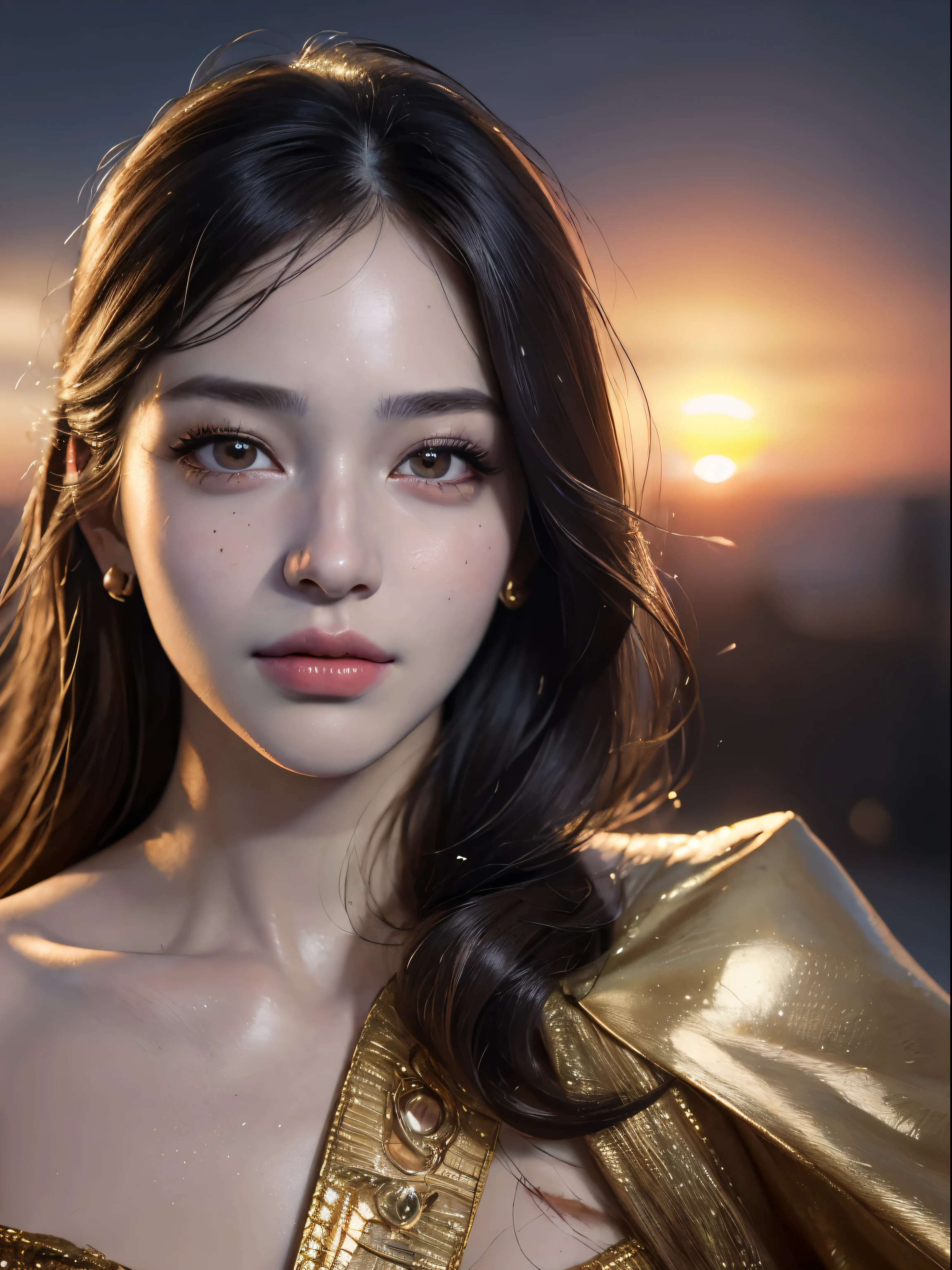 best quality, masterpiece, ultra high resolution, (realistic portrait:2), 1 girl, nose, superwoman evening gown,Oily and shiny skin, beautiful and delicate face, deep shadows, detailed face, exquisite eyes, Oily and shiny skin, sunset