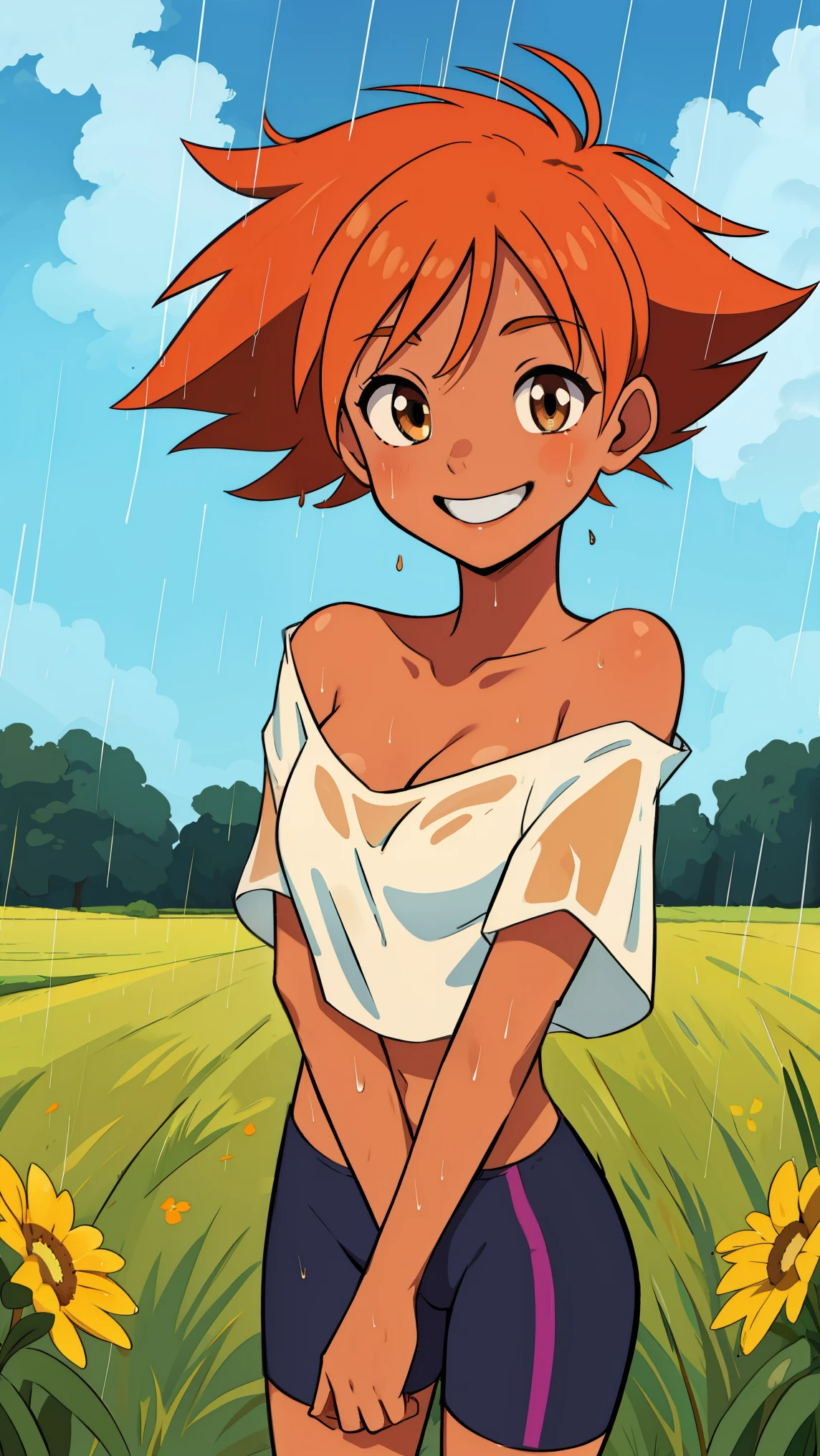 Edward, playing in the rain, (((field background))) smiling, wet clothes, wet hair, clothing clinging to skin, midriff,orange hair,white shirt,off shoulder,collarbone,tan skin, black bike shorts,goggles, brown eyes, smiling, breasts, cleavage (insanely detailed, beautiful detailed face, masterpiece, best quality),