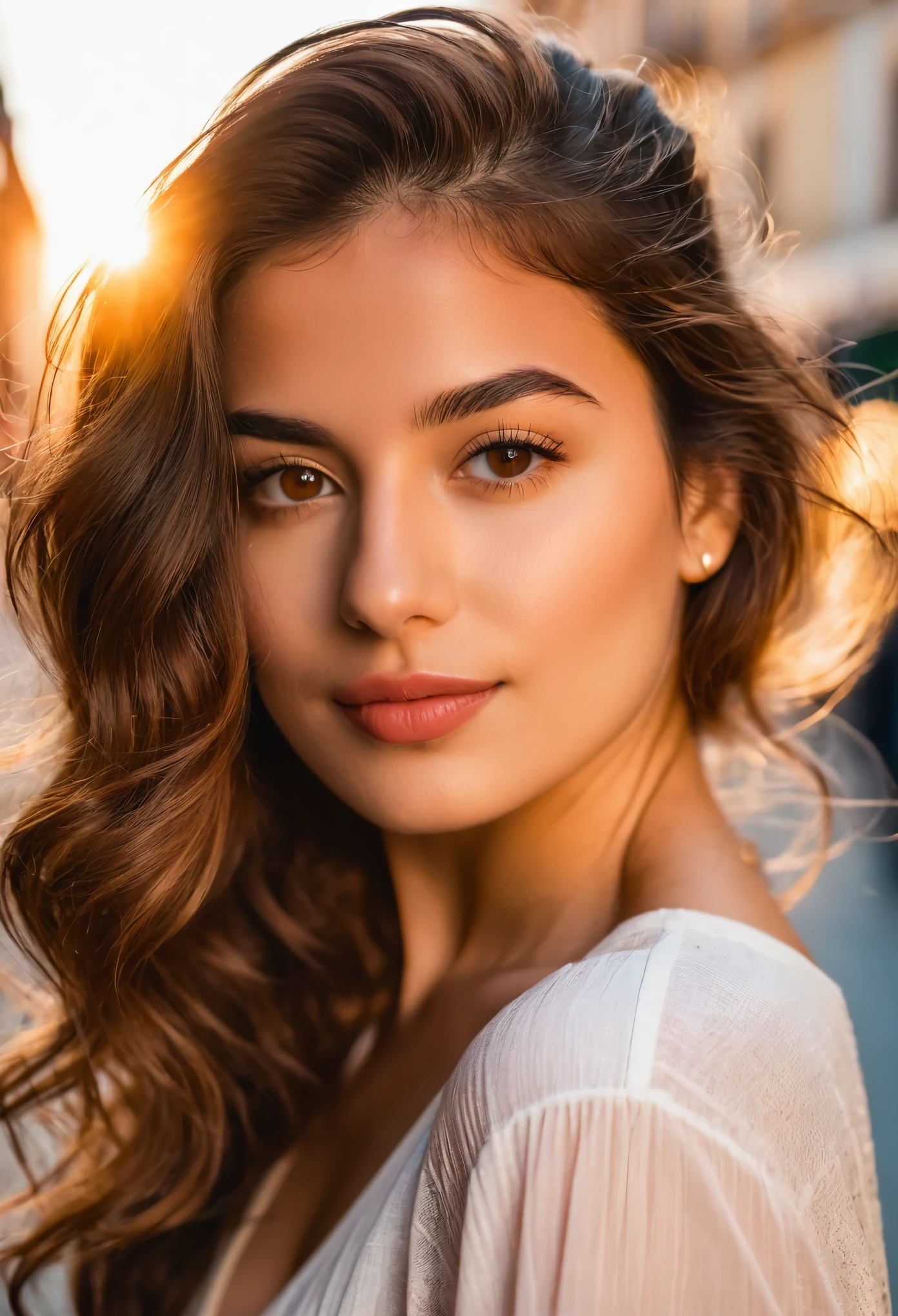 Portrait of an italian young woman in the heart of the bustling city during the golden hour using a DSLR with an 85mm prime lens, aiming for a dreamy and peaceful mood in a close-up shot with f/1.8 aperture, 1/320 sec shutter speed, and ISO 100 from a normal angle and eye line. Her long, wavy chestnut hair cascades down her back, framing her elegant features. Expressive brown eyes gazing directly at the viewer. Her rosy lips are parted slightly, revealing a hint of a playful smile.