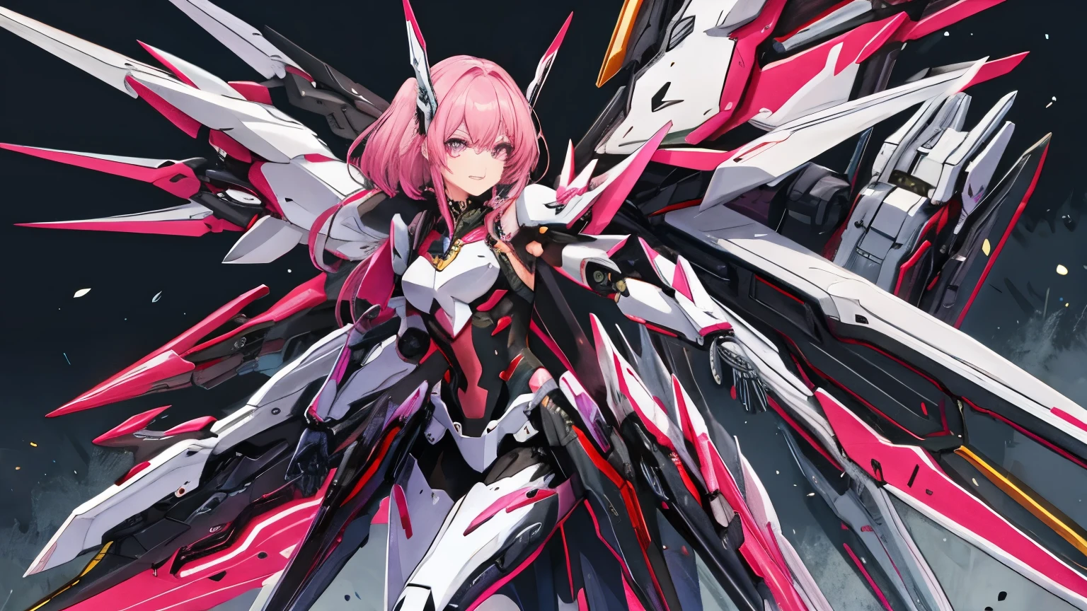 1 garota, cabelo longo rosa, coques dos 2 lados, olhos totalmente pretos, olhar sombrio, rindo, rage, feroz, pose de batalha, curvas leves, arma mecha cor rosa, detalhes, armadura mecha cor rosa, segurando pink mechanical sword, pink mechanical sword, fundo dark, detalhes, 8k,