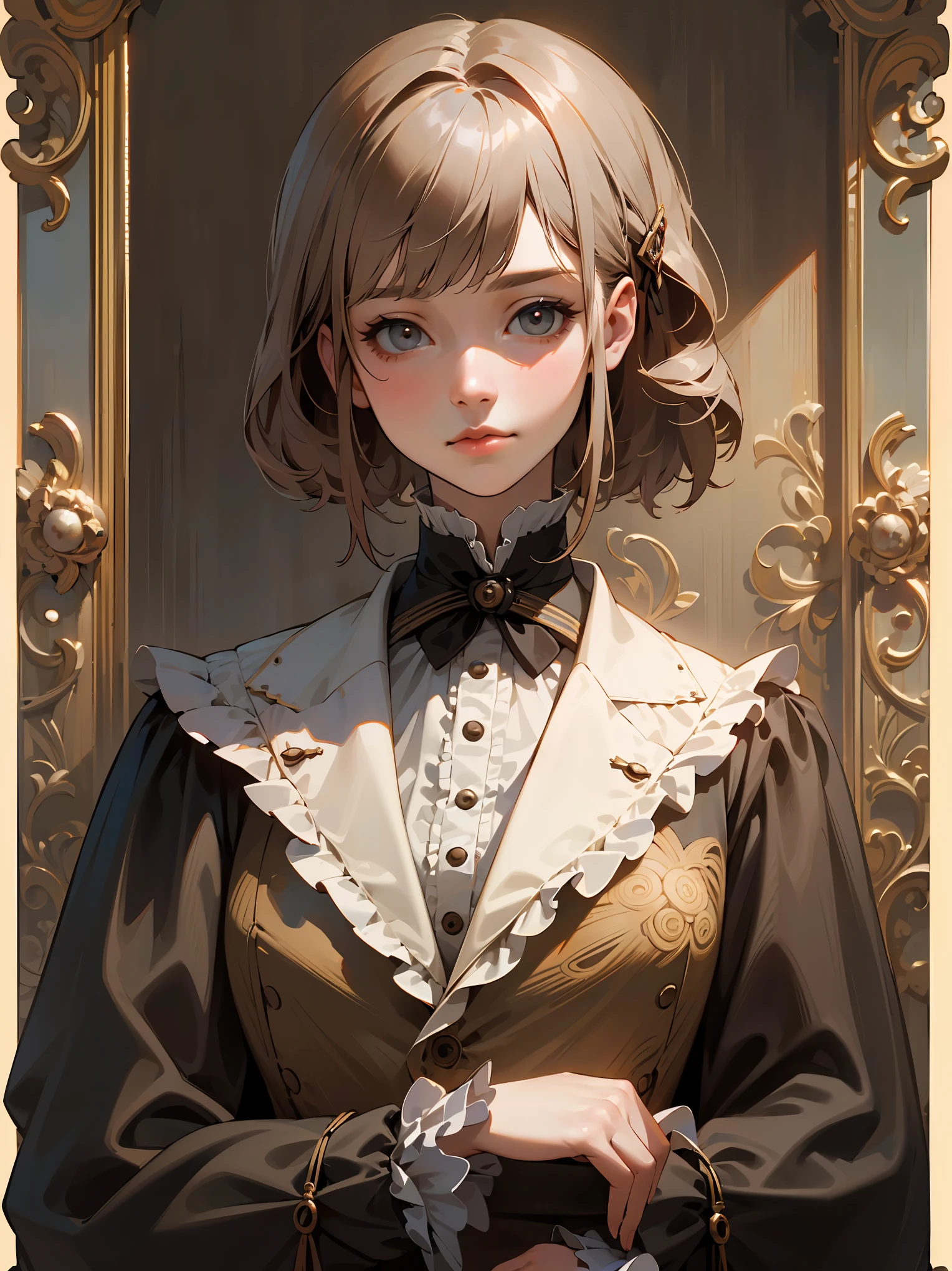 (highest quality、16K、masterpiece、ultra high resolution、Victorian era、Photoreal:1.2)、cowboy shot、One length bob cut braided hair clip with front drop、brand uniform cute、clear、 Tsundere、heroine attributes