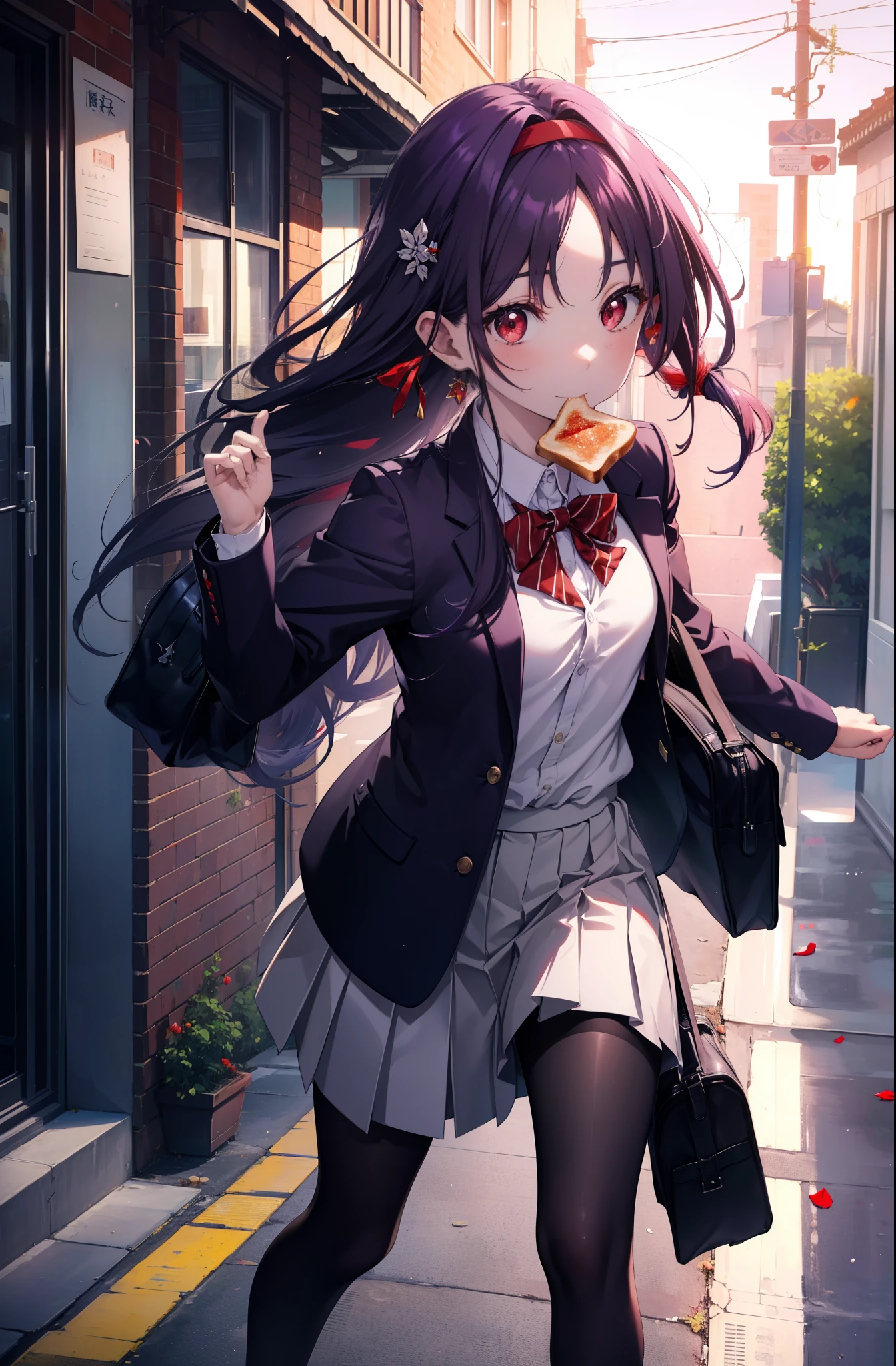 yuukikonno, Yuki Konno, hair band, long hair, pointed ears, purple hair, (red eyes:1.5), (small breasts:1.2), smile、white Y shirt,purple blazer,Purple pleated skirt,black socks,brown loafers,toast in your mouth, running, city street,morning,morning日,sunrise,A girl running with a student bag, 
break looking at viewer, Upper body, whole body,
break outdoors, residential street,
break (masterpiece:1.2), highest quality, High resolution, unity 8k wallpaper, (figure:0.8), (detailed and beautiful eyes:1.6), highly detailed face, perfect lighting, Very detailed CG, (perfect hands, perfect anatomy),