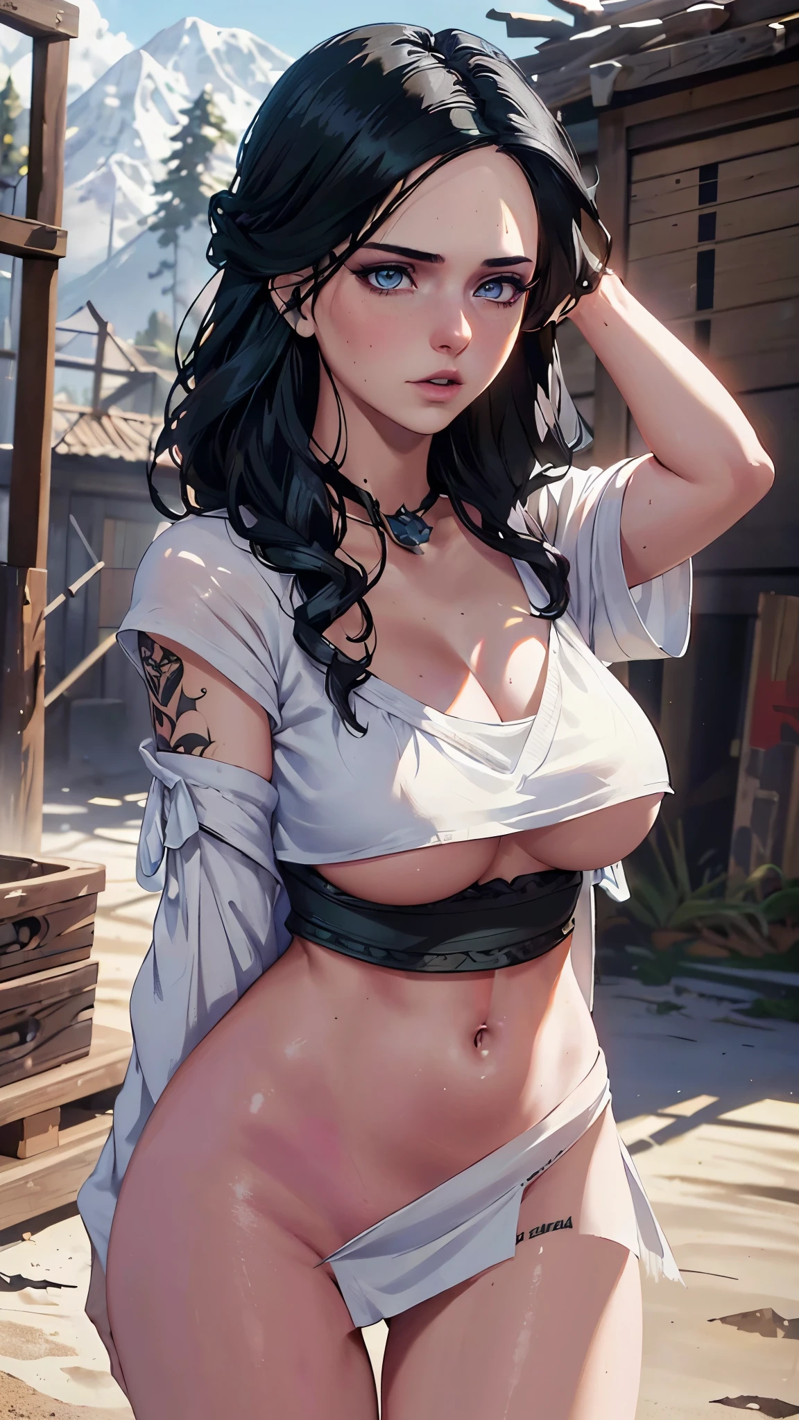 (beautiful 19-year-old girl(Yennefer from The wicher 3)),(model figure),(big breasts),(short haircut,long braid down the back),(black hair),(wearing white kimono, heavily torn in some places),(fighting stance),(a gang),(tattoos)。(best quality,4k,8k,highres,masterpiece:1.2),ultra-detailed,(realistic,photorealistic,photo-realistic:1.37),HDR,UHD,studio lighting,ultra-fine painting,sharp focus,physically-based rendering,extreme detail description,professional,vivid colors,bokeh,concept artists