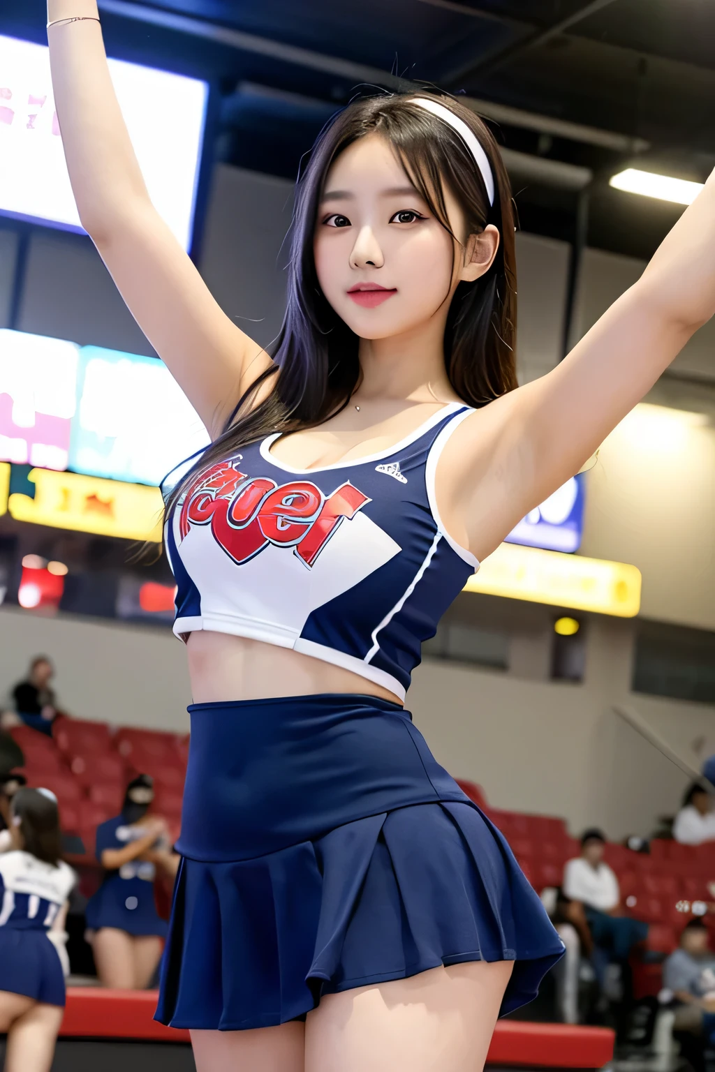 1 girl,big breasts,beautiful and detailed eyes,cute,professional lighting,highest quality, cheer dance, cheer uniform, mini skirt, stretch