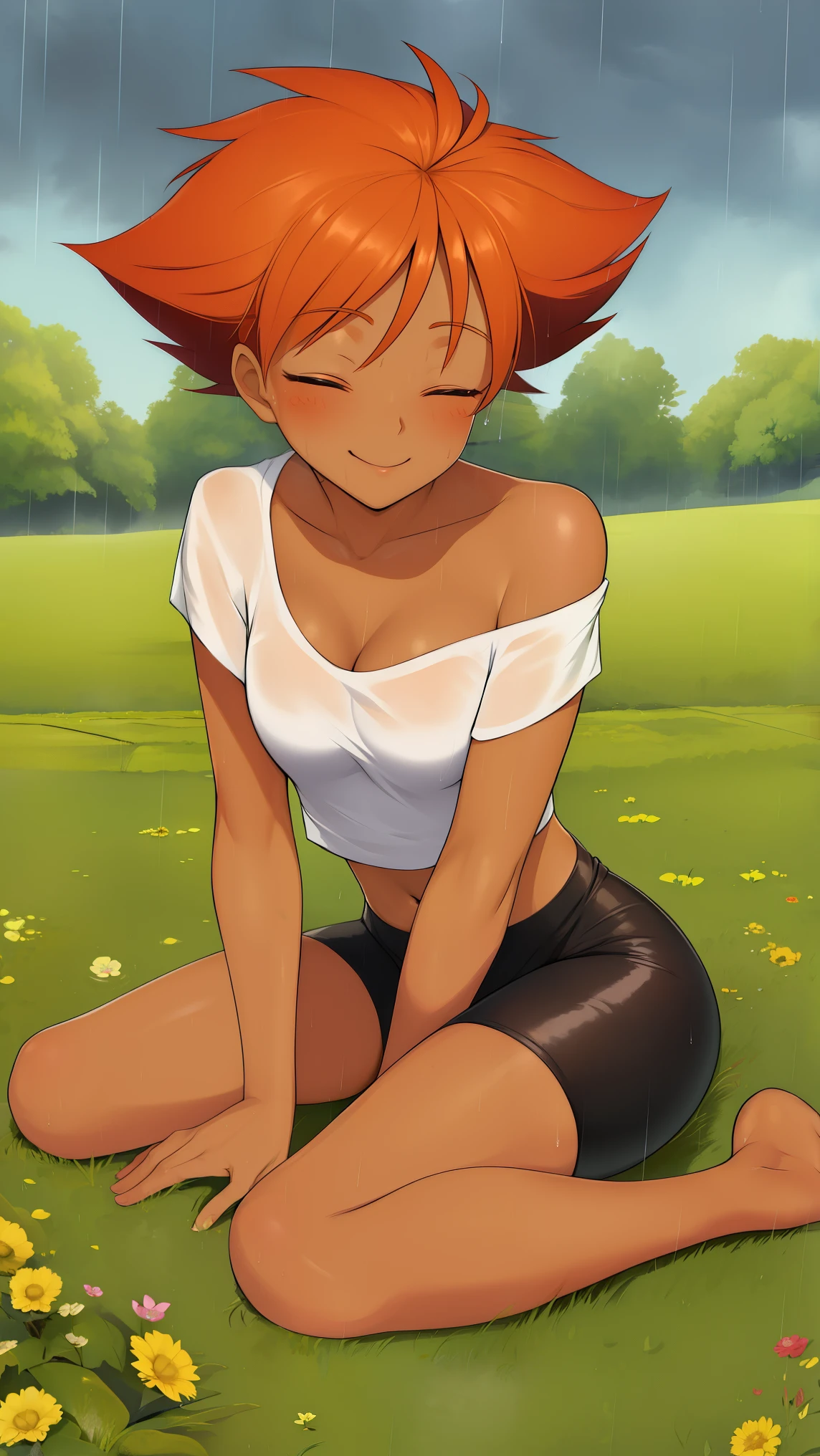 Edward, waking in the rain, raining hard, full body, feet in puddle,  hands in the air, looking up at the sky, eyes closed, (((field background))) smiling, wet clothes, wet hair, clothing clinging to skin, midriff,orange hair,white shirt,off shoulder,collarbone,tan skin, black bike shorts,goggles, brown eyes, smiling, breasts, cleavage (insanely detailed, beautiful detailed face, masterpiece, best quality),