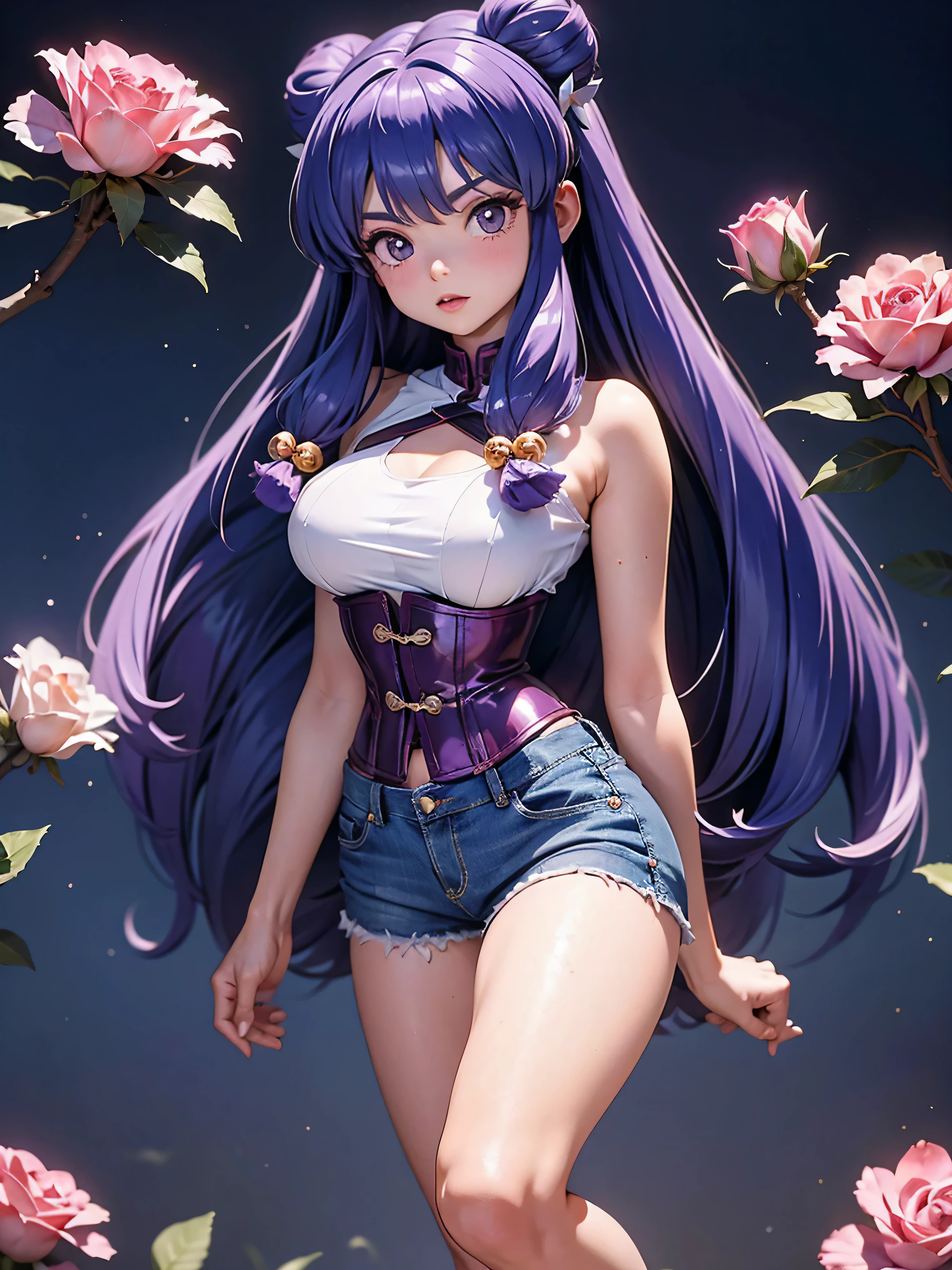 Garota anime cabelo purple com short jeans e corset rosa brilhante, 16 anos, corpo bonito, seios grandes, com as hands on chest, hands on chest, Garota sexy, purple cabelo, mechas de cabelo laterais, mechas de cabelo na lateral do rosto, beautiful lighting, sombras suaves, olhos azuis, pernas bonitas, cabelo longo purple, estilo anime, personagem Shampoo Chan, Autora Rumiko Takahashi, Baseado em obra de Rumiko Takahashi, Anime Ranma 1/ 2, decote sexy, quadril robusto, corpo inteiro, corpo inteiro, busto grande, garota jovem com corpo belo e bonito, sandals on his feet, garota 16 anos jovem, usando short jeans e corset rosa brilhante, garota anime, estilo anime, beautiful feet in sandals, 45° viewing angle, ao ar livre, peito grande, seios bonitos, cabelo purple, sandals on the feet, pernas bonitas, cabelo purple roxo, belos seio, grande , busto grande, pernas bonitas, pes perfeitos, corpo completo, corpo inteiro, full viewing area, belos seios, decote sexy