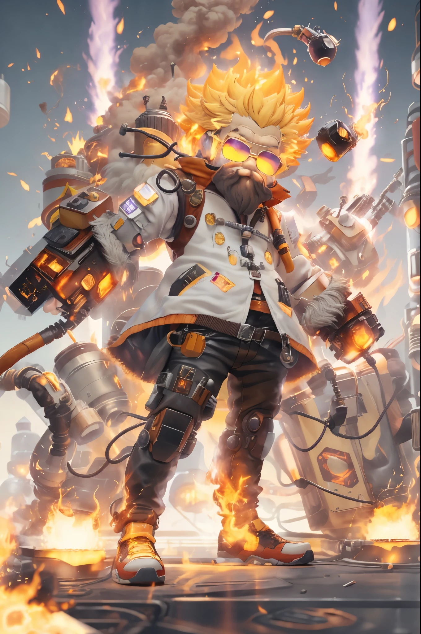 Big head,1 boy, ((White beard, A yellow-haired one))，on fire, explode, grow white beard, fiery hair, fiery的翅膀, fiery, Incendiary weapons, luminescent, male focus, molten rock, grow a beard，hot, Single robotic arm, alone, spark of light, sunglasses, Sunset, tail-tip fire, Torchbearer, upper body，chibi风格,masterpiece,best quality,official art,Extremely detailed CG unified 8k wallpaper,mysterious style,chibi