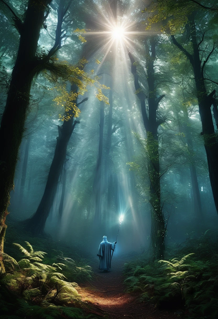 Deep in the dark and mysterious forest,Wisps of light filter through the dense canopy of trees,Create a fantastic and mesmerizing scene。This is the Tyndall effect,An optical phenomenon that occurs when light passes through suspended particles such as smoke or dust。In this dreamlike forest,The Tyndall effect is particularly obvious。Sunlight pours through the gaps between the leaves,Forming visible beams of light in the air。These light beams are straight and bright,Like a holy light falling from the sky。Trees soar into the clouds,The foliage is luxuriant,Adding a sense of mystery to the forest。Light shines through the leaves,Casts dappled shadows on tree trunks,Create an unreal beauty。There was a mist in the air,Adds a hazy feel to the scene。Light beam penetrates the fog,As if leading to another world。deep in the forest,A figure looms。he is wearing a robe,Holding a staff,Like a magician from ancient times。Pillars of light surround him,As if guiding him in the right direction。This image of the Tyndall effect is both beautiful and mysterious,As if from a distant and fantastic country。it sparks our imagination,Let us wonder what secrets are hidden deep in this forest。