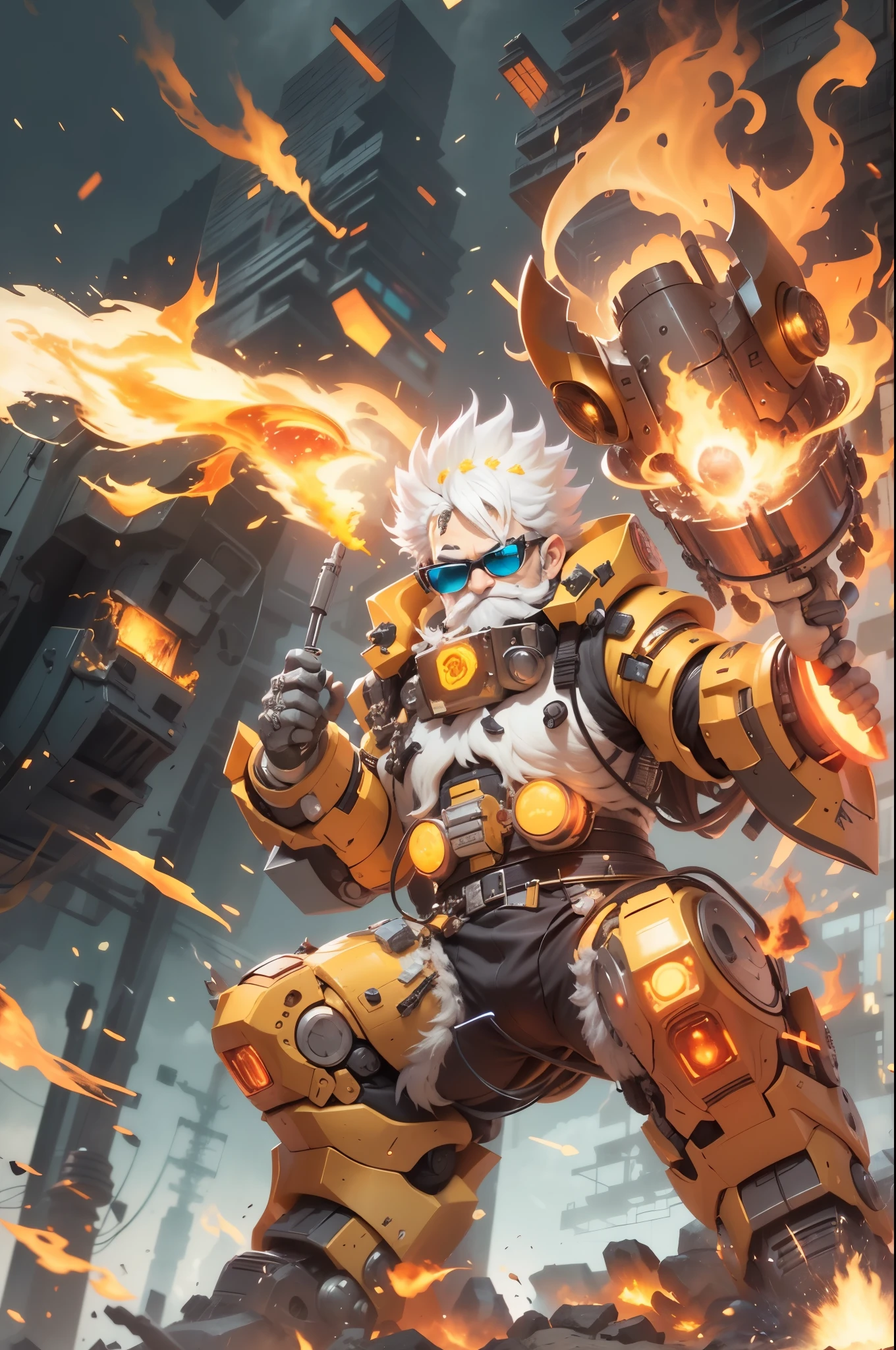 Big head,1 boy, ((White beard, A yellow-haired one))，on fire, explode, grow white beard, fiery hair, fiery的翅膀, fiery, Incendiary weapons, luminescent, male focus, molten rock, grow a beard，hot, Single robotic arm, alone, spark of light, sunglasses, Sunset, tail-tip fire, Torchbearer, upper body，chibi风格,masterpiece,best quality,official art,Extremely detailed CG unified 8k wallpaper,mysterious style,chibi