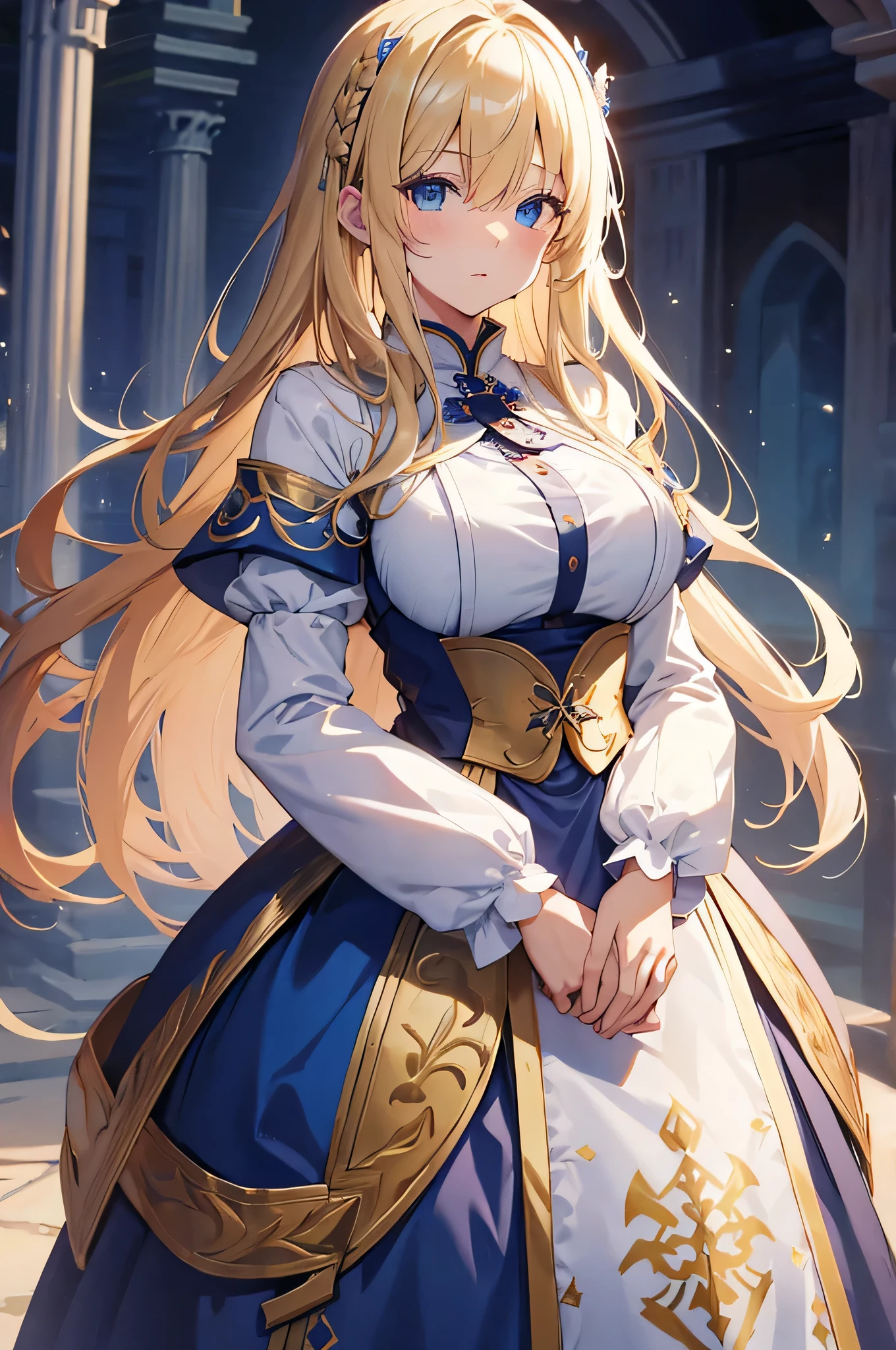 4k,High resolution, one woman,blonde,long hair,blue eyes,big breasts,Princess,Princess騎士,white holy armor,白色のPrincessのドレス,Princessのティアラ,jewelry embellishments,excalibur,medieval castle town