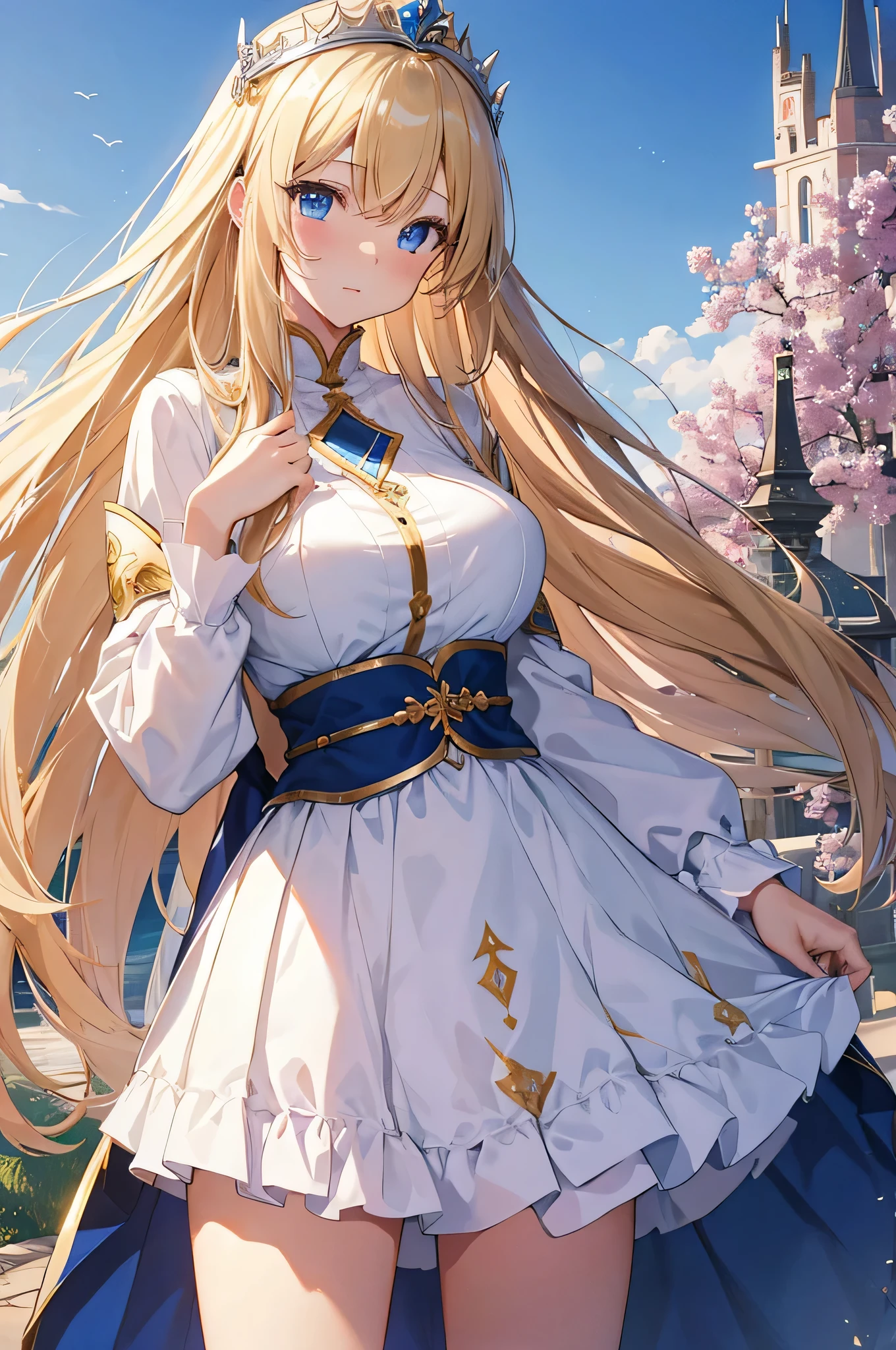 4k,High resolution, one woman,blonde,long hair,blue eyes,big breasts,Princess,Princess騎士,white holy armor,白色のPrincessのドレス,Princessのティアラ,jewelry embellishments,long sword,medieval castle town