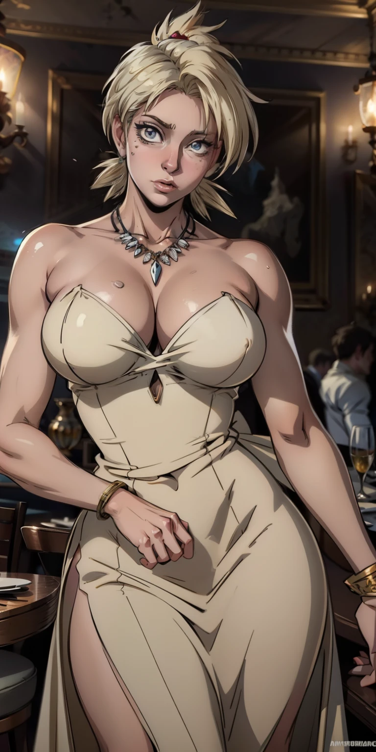 Anime style, Painting, absurderes、perfect anatomia、Lucy、wearing luxury gown , hair ornament, necklace, jewelry, restaurant scene, Masterpiece, RAW Photography, 8k, Top Quality, Fine Pore, Photorealistic, Ultra Detailed, (high skin detail:1.2),Extremely detailed,Intricate, sharp-focus, seras