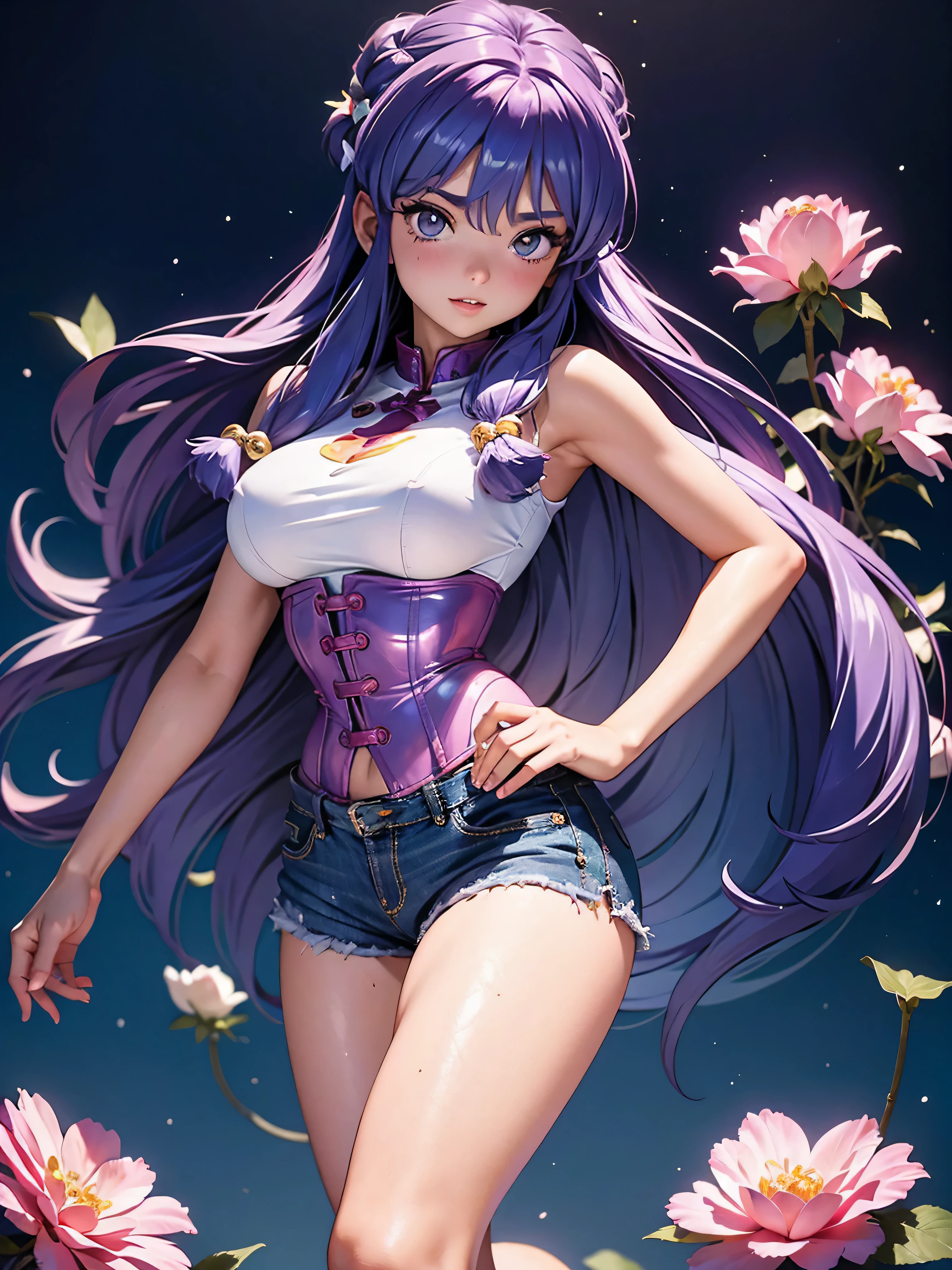 Garota anime cabelo purple com short jeans e corset rosa brilhante, 16 anos, corpo bonito, seios grandes, com as hands on chest, hands on chest, Garota sexy, purple cabelo, mechas de cabelo laterais, mechas de cabelo na lateral do rosto, beautiful lighting, sombras suaves, olhos azuis, pernas bonitas, cabelo longo purple, estilo anime, personagem Shampoo Chan, Autora Rumiko Takahashi, Baseado em obra de Rumiko Takahashi, Anime Ranma 1/ 2, decote sexy, quadril robusto, corpo inteiro, corpo inteiro, busto grande, garota jovem com corpo belo e bonito, sandals on his feet, garota 16 anos jovem, usando short jeans e corset rosa brilhante, garota anime, estilo anime, beautiful feet in sandals, 45° viewing angle, ao ar livre, peito grande, seios bonitos, cabelo purple, sandals on the feet, pernas bonitas, cabelo purple roxo, belos seio, grande , busto grande, pernas bonitas, pes perfeitos, corpo completo, corpo inteiro, full viewing area, belos seios, decote sexy