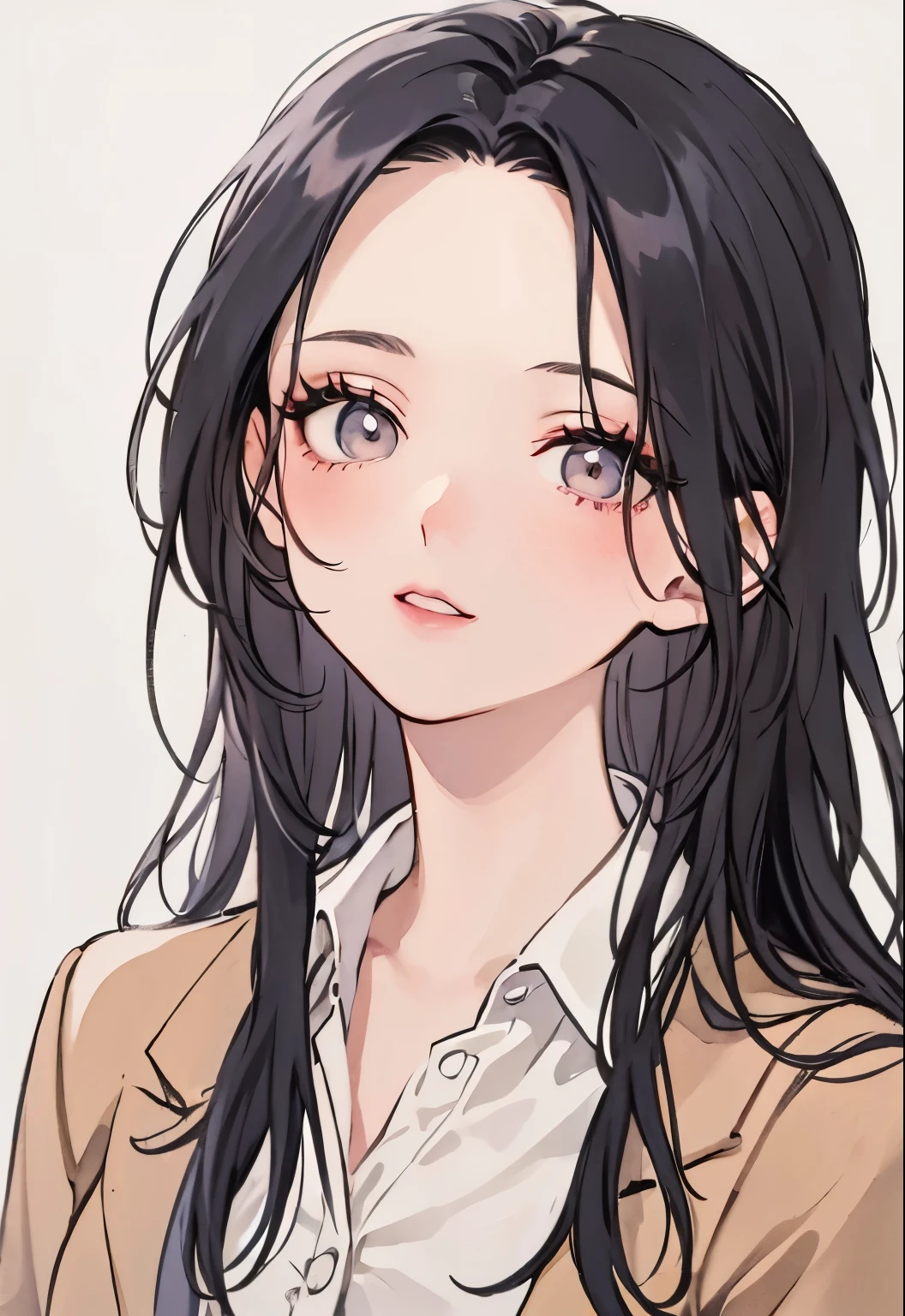 Highest resolution, detailed illustration, 1 girl, beautiful face, cute, white background, (watercolor: 1.2), 2D, upper body, forehead,harf updo hair, black hair, straight hair,eye shadow, brown eyes, impressive eyes, look here,fearless smile、blazer