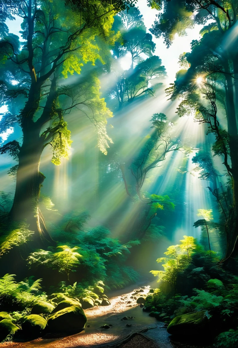 (Tyndall effect:1.5)，dark mysterious forest，dense canopy，light beam，gaps between leaves，Towering trees，dappled shadow，mist，hazy feeling，（ character），（robe），（Staff），（magician:1.5），Faraway fantasy country，imagination，secret