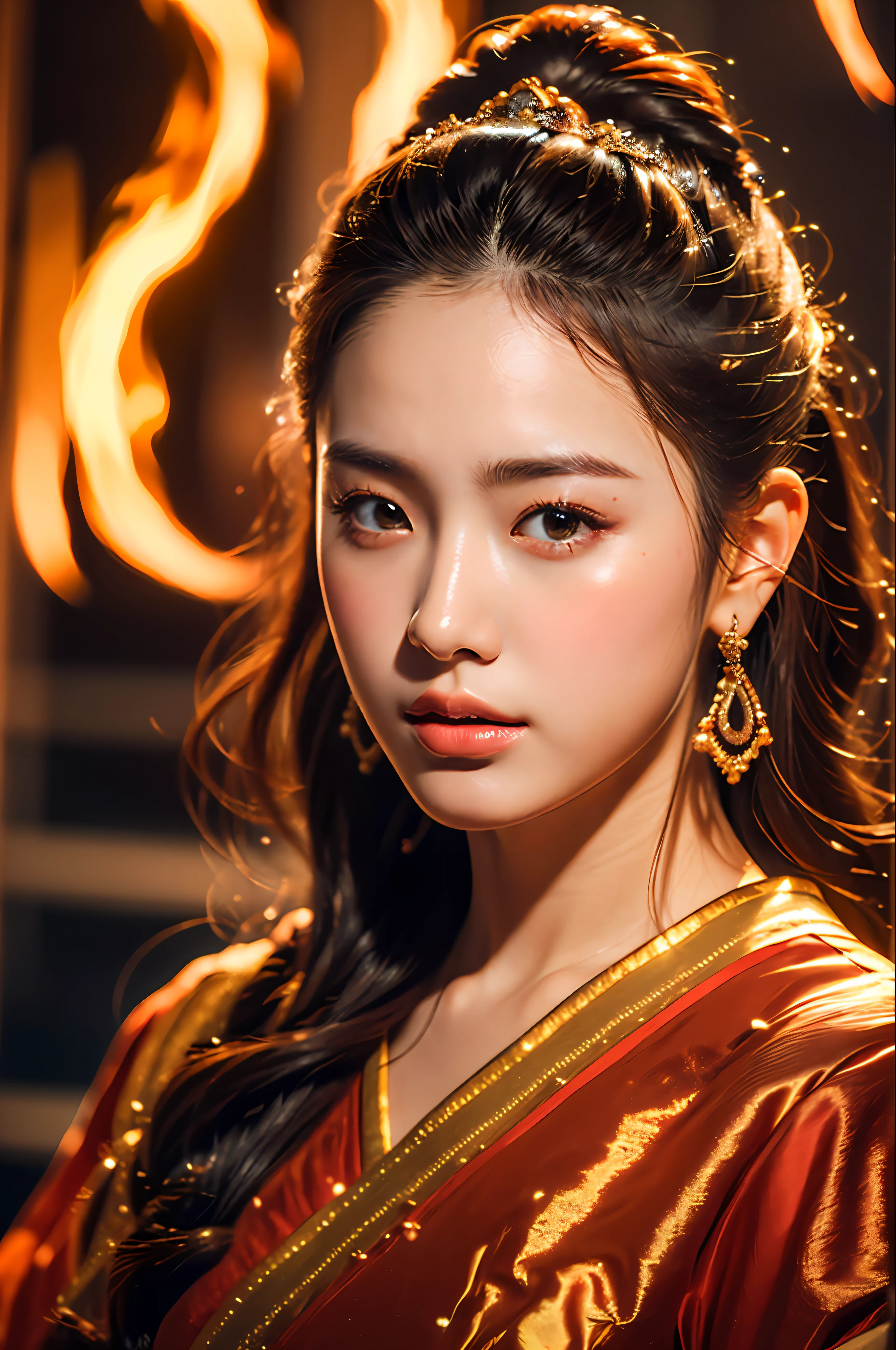 best quality,masterpiece,ultra high resolution,(photorealistic:1.4)1 woman,beautiful_face,detailed skin,whole body,Yuhuoshu,bijouterie,alone,earring,(fire:1.3),hazy,realistic,Lips,