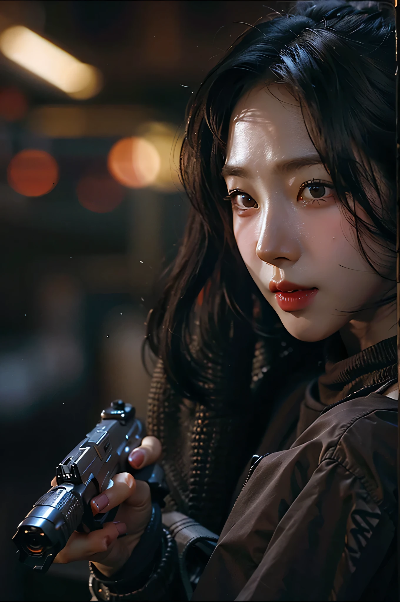 (highest image quality), (masterpiece), (vibrant, photography realistic, Realistic, Dramatic, Dark, Sharp focus, 8K), Close up Face, Highly detailed face and skin texture, in dessert, ethereal beauty, mature asian woman,black long hair, make up, sexy smile, nsfw ,Close up shot, ((backlight)), holding the gun, secret agent, dinamic pose, realistic, shooting pose