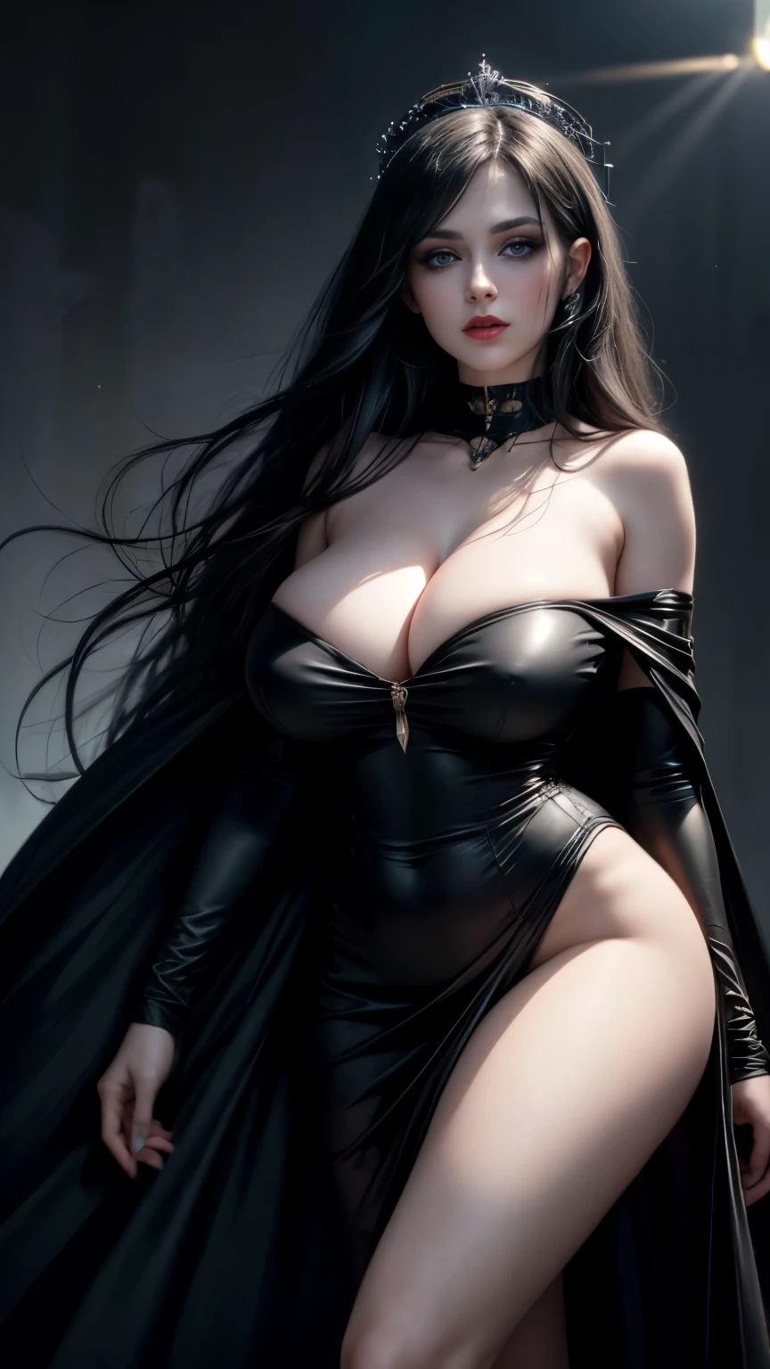 ((face portrait)) ((very beautiful russian queen)) ((Big bright blue eyes)) ((dark eyeshadows make up)) (()) ((very pale skin)) ((bright red lips)), ((long straight black hair)) ((big breast:1.6)) ((slender body:1.3)) ((wear strapless black dress, black cape)) ((jewelry, crown))((black background)) ((posing for the camera)) ((gloomy ambient, dense fog)) (()) ((high definition:1.5), ((lights out)) ((masterpiece:1.5))((8k:1.5)) ((Best quality:1.4)), more_details:-1, more_details:0, more_details:0.5, more_details:1, more_details:1.5