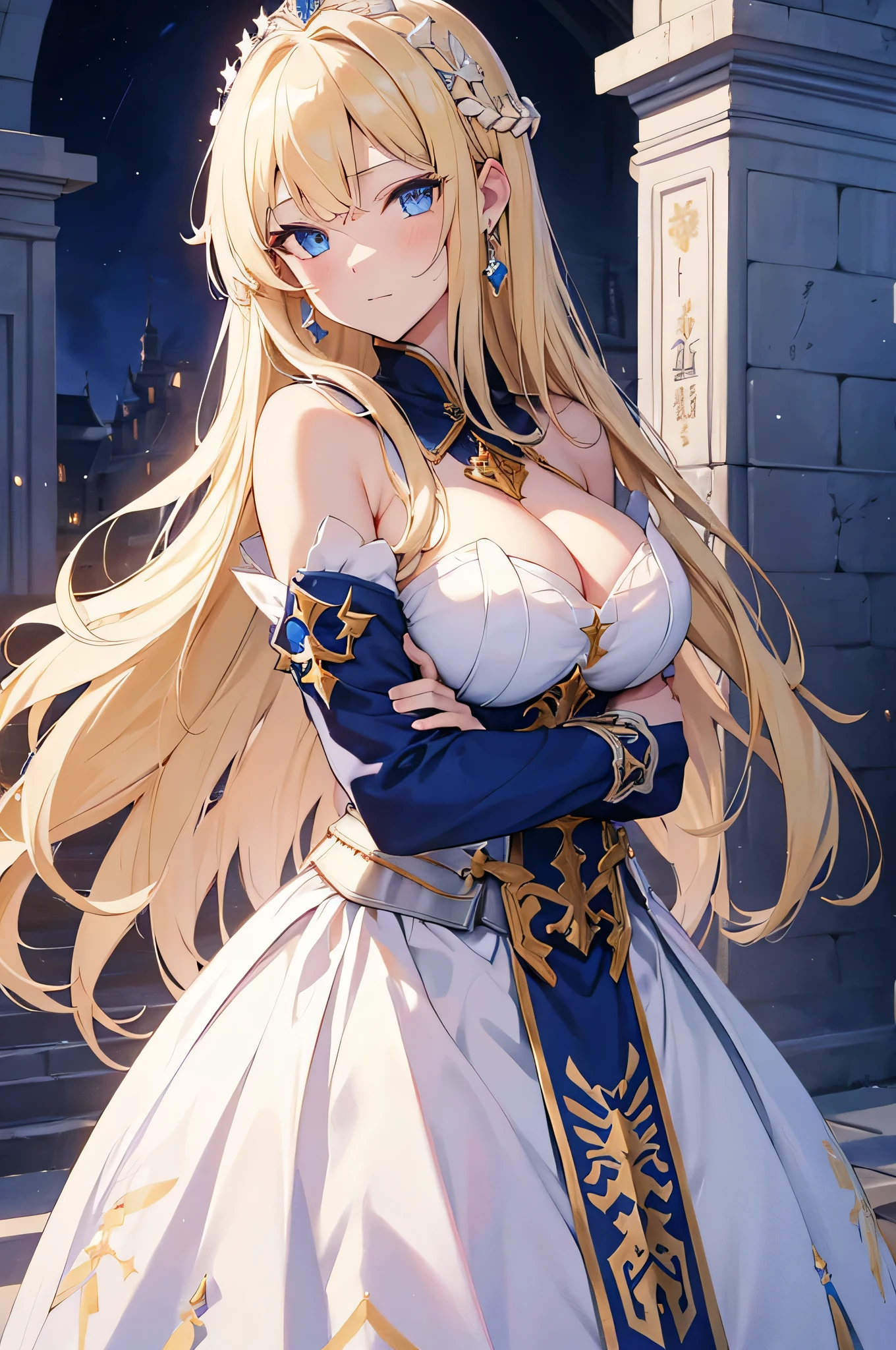 4k,High resolution, one woman,blonde,long hair,blue eyes,big breasts,Princess,Princess騎士,white holy armor,heavy armor,白色のPrincessのドレス,Princessのティアラ,jewelry embellishments,long sword,medieval castle town