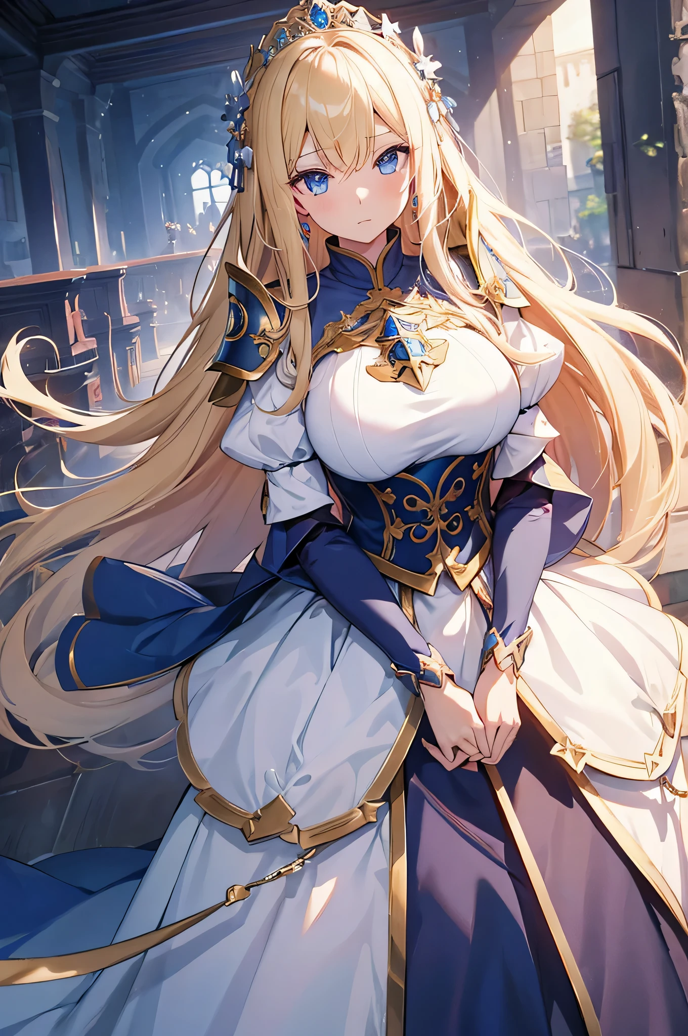 4k,High resolution, one woman,blonde,long hair,blue eyes,big breasts,Princess,Princess騎士,white holy armor,heavy armor,白色のPrincessのドレス,Princessのティアラ,jewelry embellishments,long sword,medieval castle town