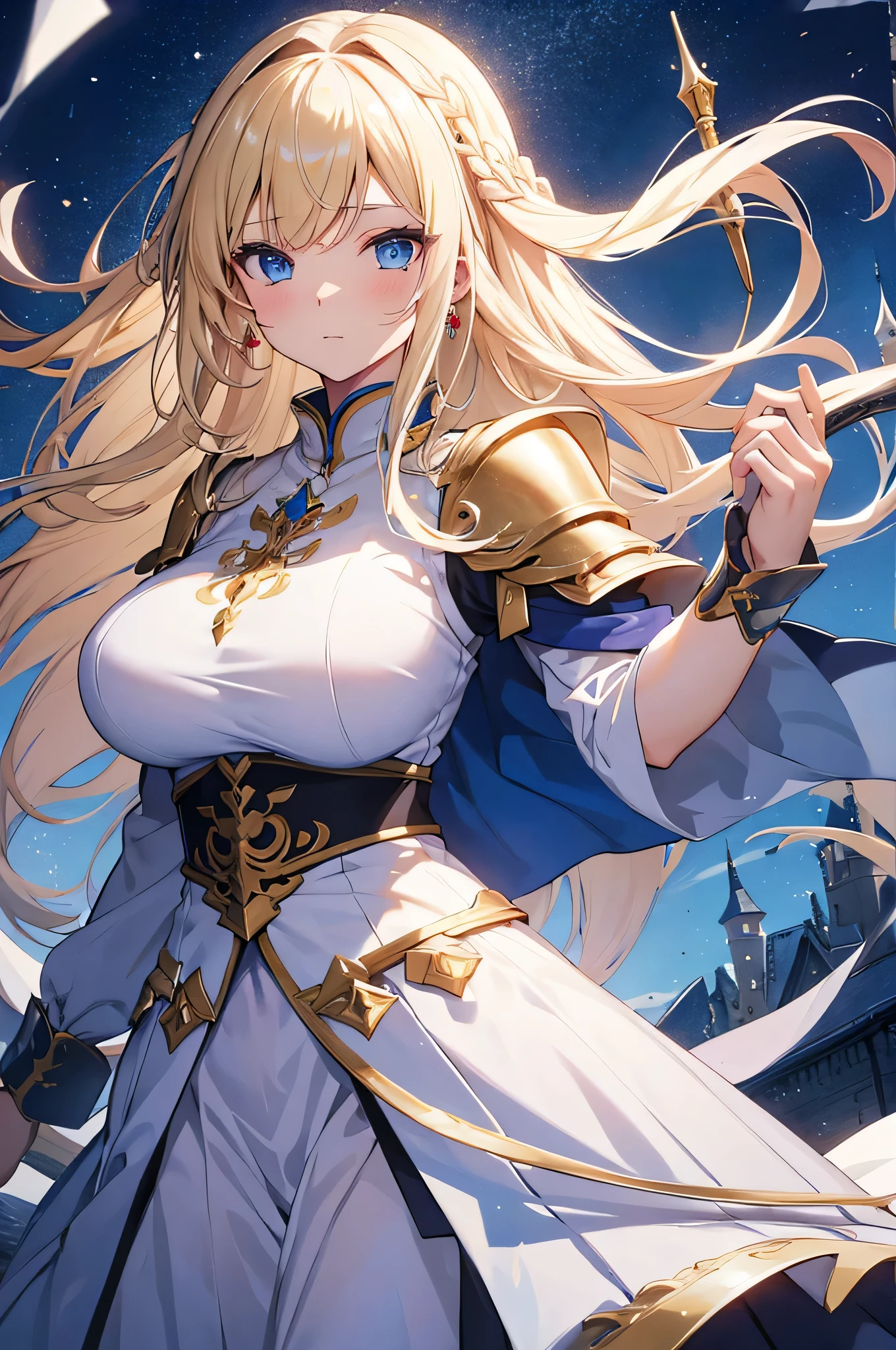 4k,High resolution, one woman,blonde,long hair,blue eyes,big breasts,Princess,Princess騎士,white holy armor,heavy armor,白色のPrincessのドレス,Princessのティアラ,jewelry embellishments,long sword,medieval castle town