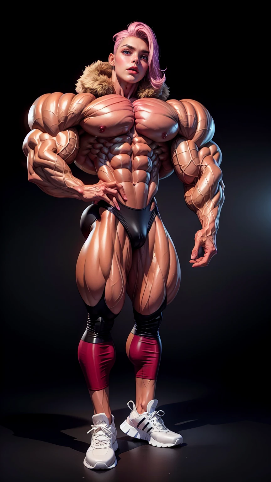 (1 girl), (cara delevingne), young girl, masculine physique, seductive face, seductive look, long pink hair, perfect muscular body, super skinny legs, latex pants, sissy, femboy, (huge muscular arms:1.25),