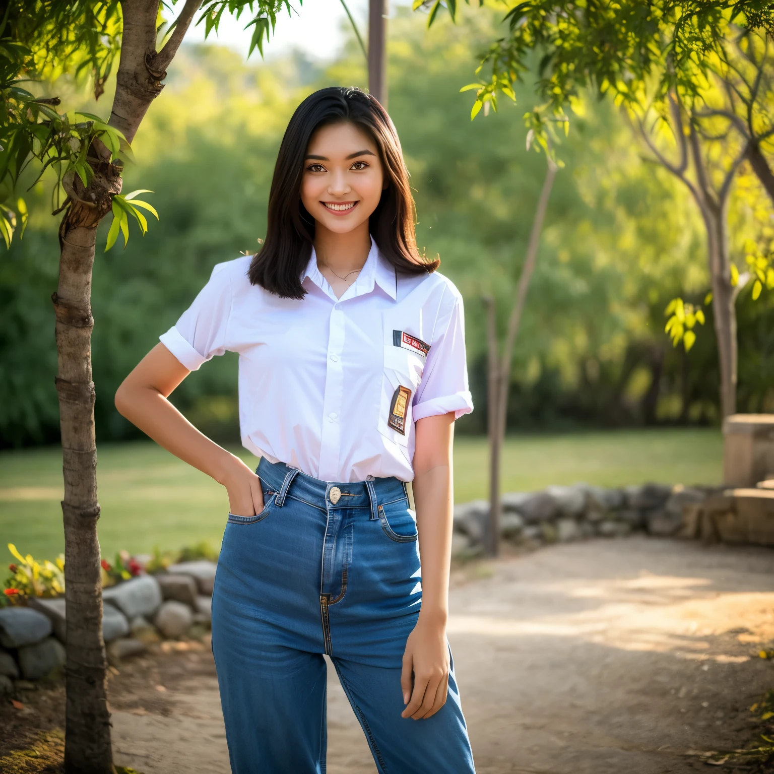 8k, RAW photo, best quality, (masterpiece:1.2), ultra detailed, ((Standing in the middle of building)),short hair, (looking at viewers), cowboy shot,legs,smile,medium long hair,inside bamboo wooven house,white skinshiny lip, length hair, Pink, realisitic,asian skin,wearing t-shirt with jacket,blue jeans,busty, inruins, sunset, cinematic lighting, look at veiwer, pov, ((((high detailed skin)))), [[[freckles]]], 8k, sharp focus, ((weathered, dirty)) 