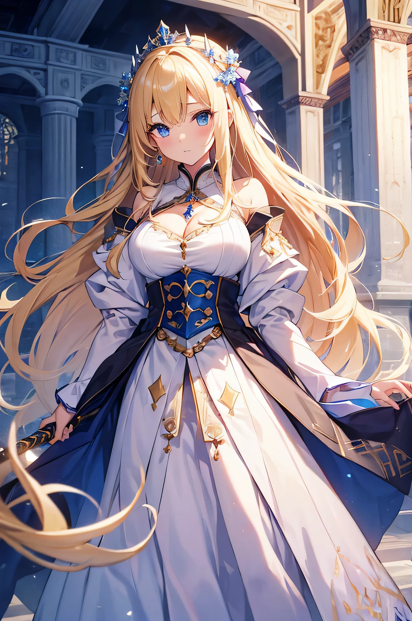 4k,High resolution, one woman,blonde,long hair,blue eyes,big breasts,Princess,Princess騎士,white holy armor,heavy armor,白色のPrincessのドレス,Princessのティアラ,jewelry embellishments,long sword,medieval castle town