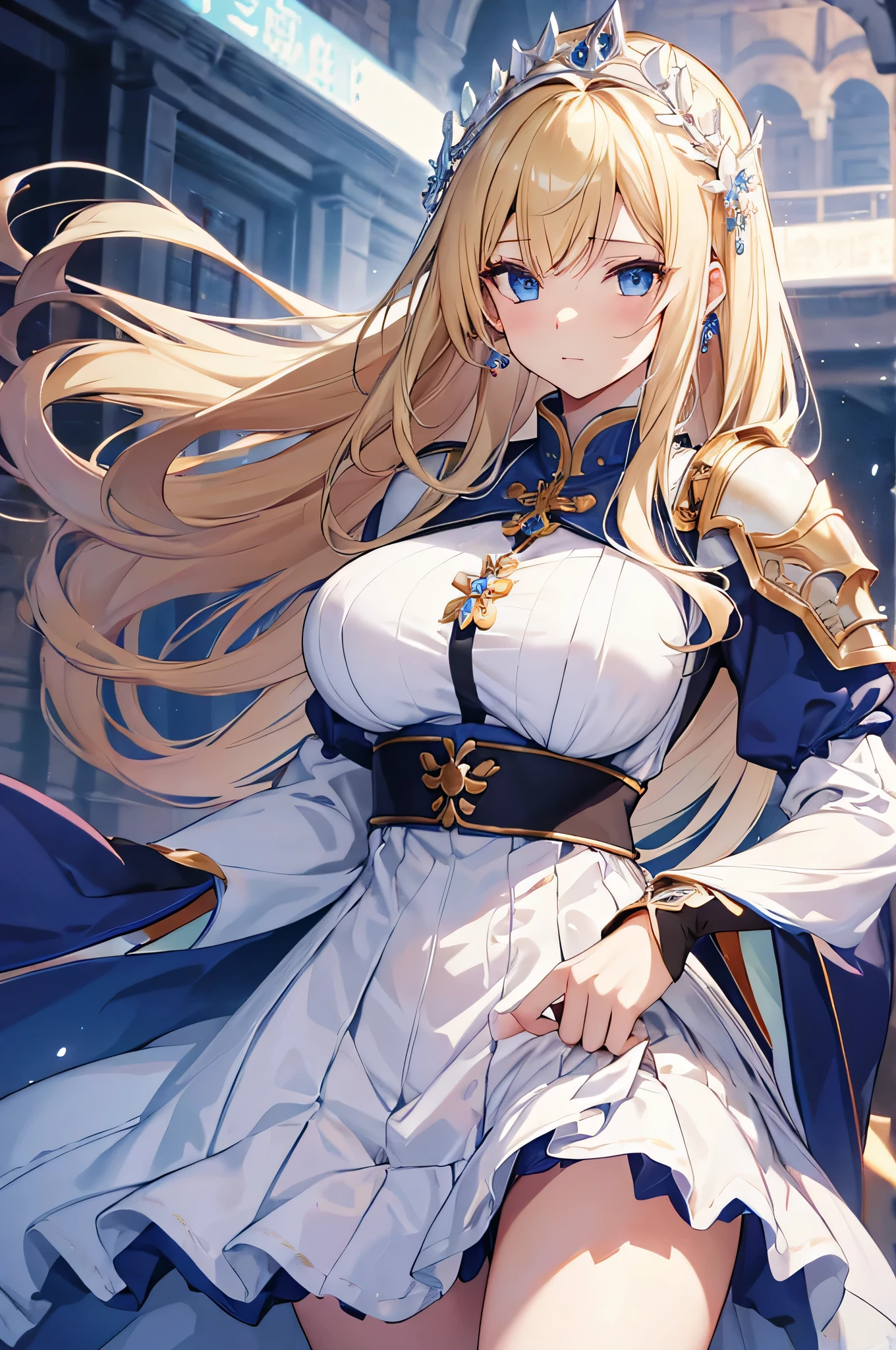 4k,High resolution, one woman,blonde,long hair,blue eyes,big breasts,Princess,Princess騎士,white holy armor,heavy armor,白色のPrincessのドレス,Princessのティアラ,jewelry embellishments,long sword,medieval castle town