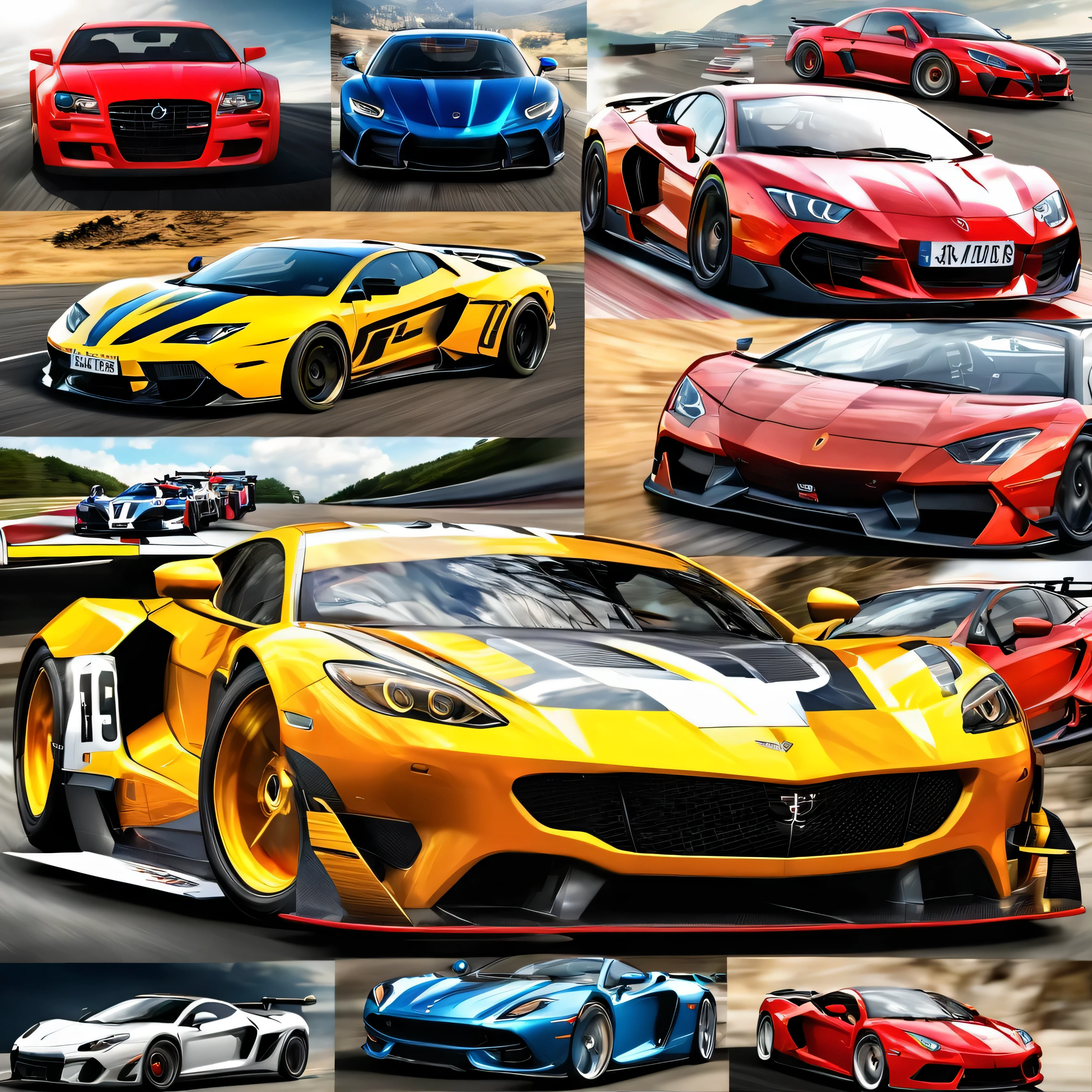 create a sport cars collage, use 40 pictures, overlapping, small pictures, realistic, master piece, high detail, no letters, no humans, wallpaper