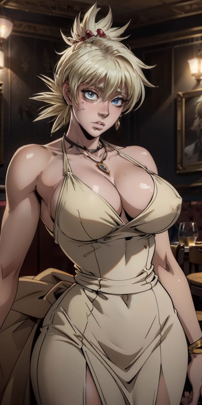 Anime style, Painting, absurderes、perfect anatomia、Lucy、wearing luxury gown , hair ornament, necklace, jewelry, restaurant scene, Masterpiece, RAW Photography, 8k, Top Quality, Fine Pore, Photorealistic, Ultra Detailed, (high skin detail:1.2),Extremely detailed,Intricate, sharp-focus, seras