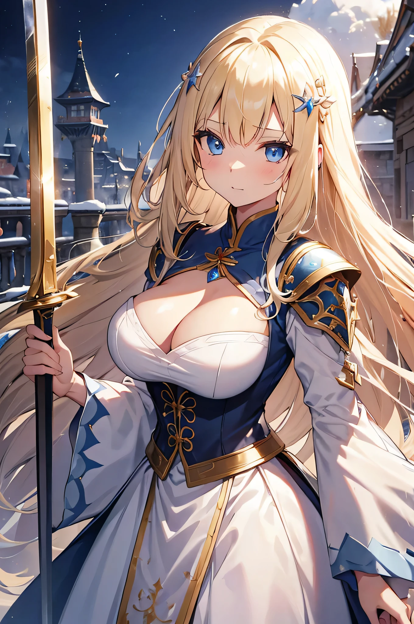 4k,High resolution, one woman,blonde,long hair,blue eyes,big breasts,Princess,Princess騎士,white holy armor,heavy armor,白色のPrincessのドレス,Princessのティアラ,jewelry embellishments,long sword,medieval castle town