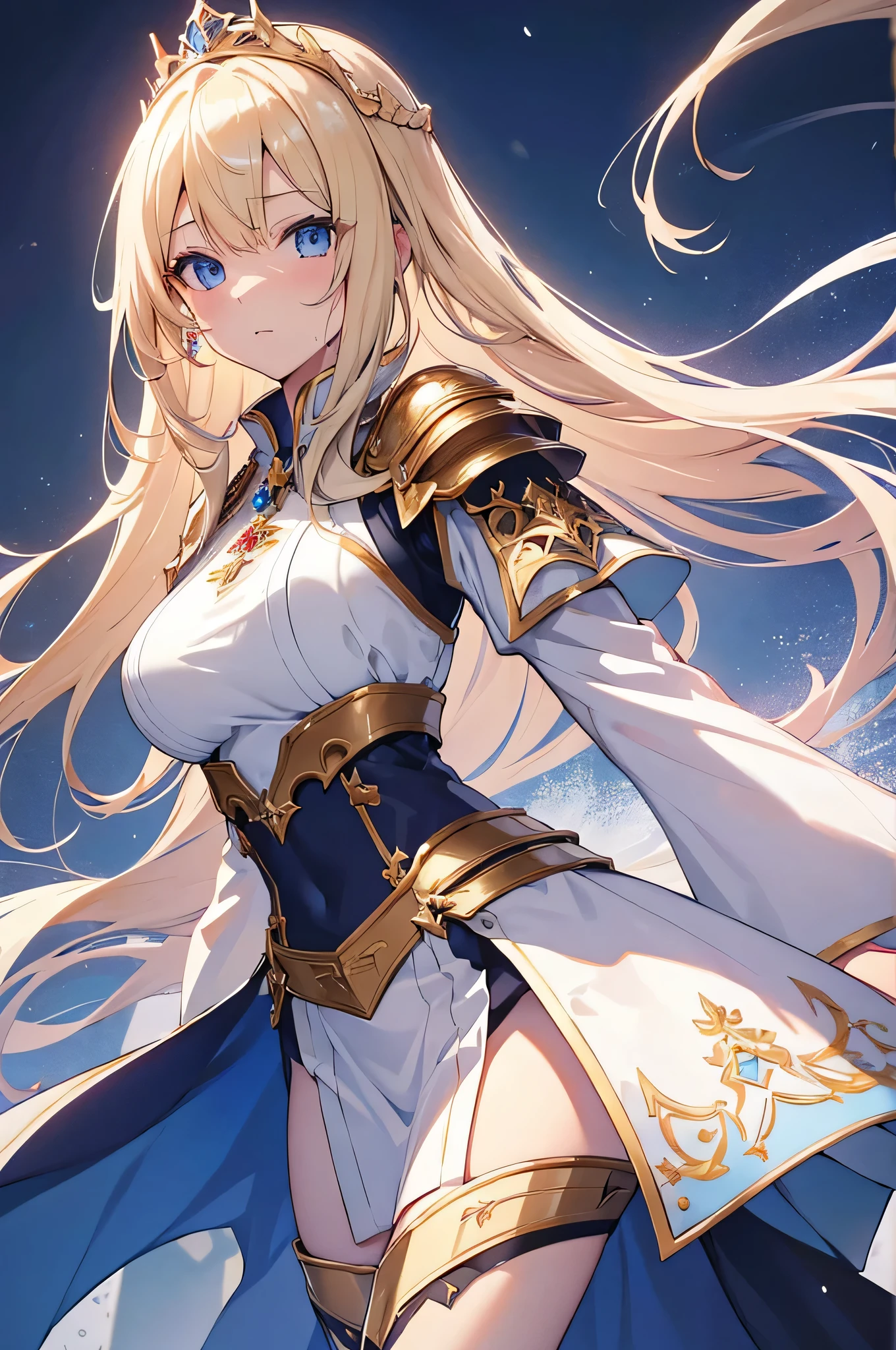 4k,High resolution, one woman,blonde,long hair,blue eyes,big breasts,Princess,Princess騎士,white holy armor,heavy armor,白色のPrincessのドレス,Princessのティアラ,jewelry embellishments,long sword,medieval castle town