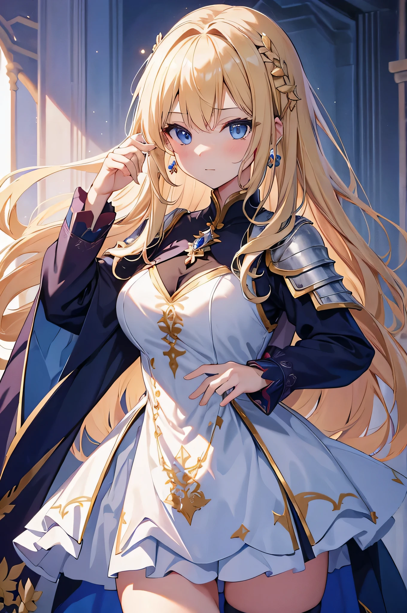 4k,High resolution, one woman,blonde,long hair,blue eyes,big breasts,Princess,Princess騎士,white holy armor,heavy armor,白色のPrincessのドレス,Princessのティアラ,jewelry embellishments,long sword,medieval castle town