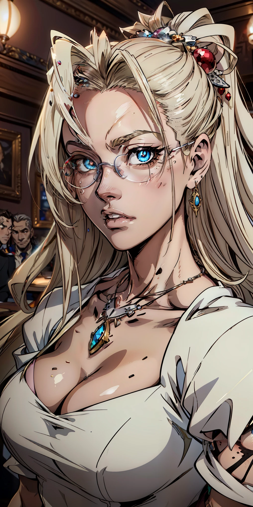 Anime style, Painting, absurderes、perfect anatomia、Lucy、wearing luxury gown , hair ornament, necklace, jewelry, restaurant scene, Masterpiece, RAW Photography, 8k, Top Quality, Fine Pore, Photorealistic, Ultra Detailed, (high skin detail:1.2),Extremely detailed,Intricate, sharp-focus, integra, integra hellsing 