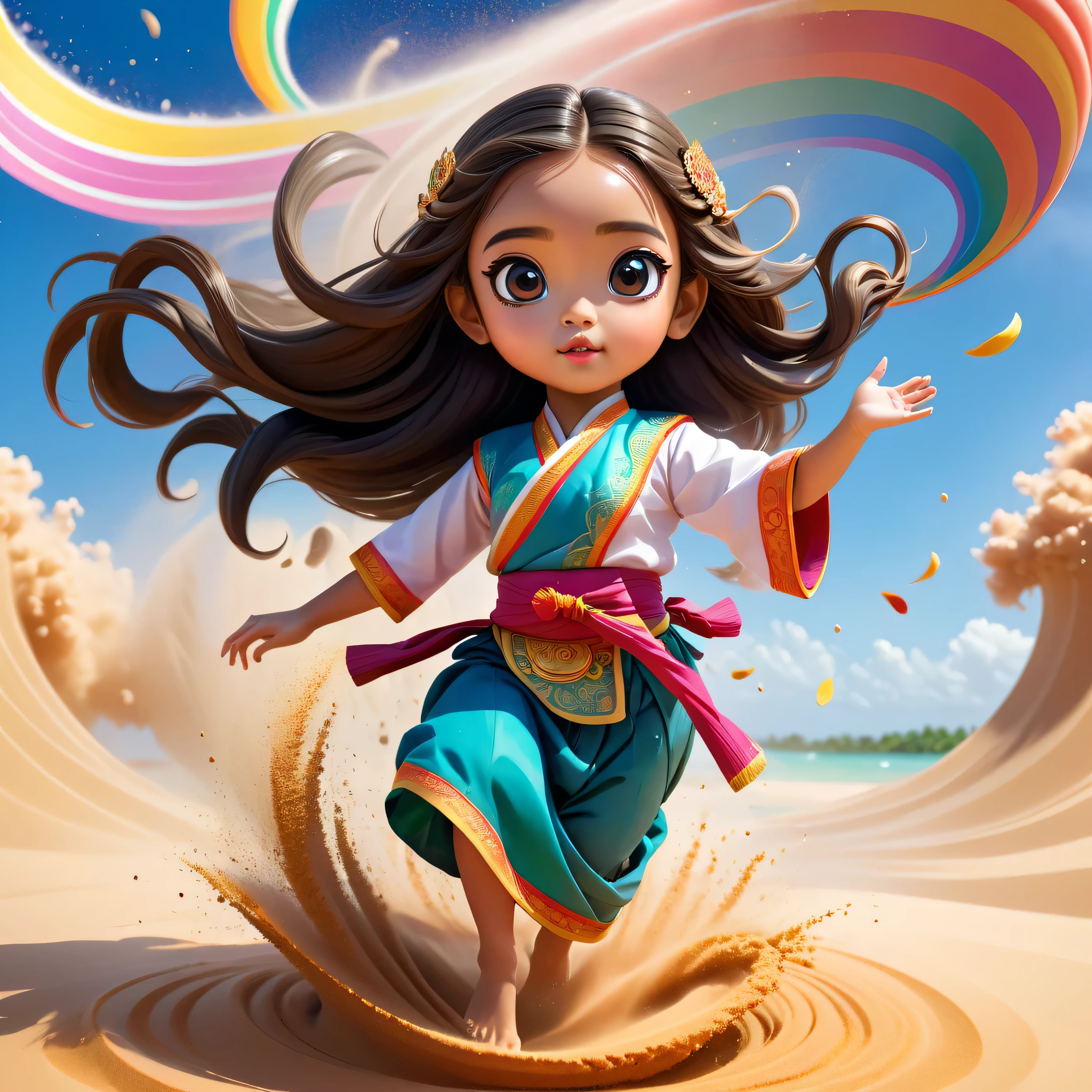 A cute young girl with big eyes and long hair, dressed in traditional Thai clothing, floats in mid-air with colorful sand swirling into a tornado below the girl's feet, 3d, cartoon, wide angle.