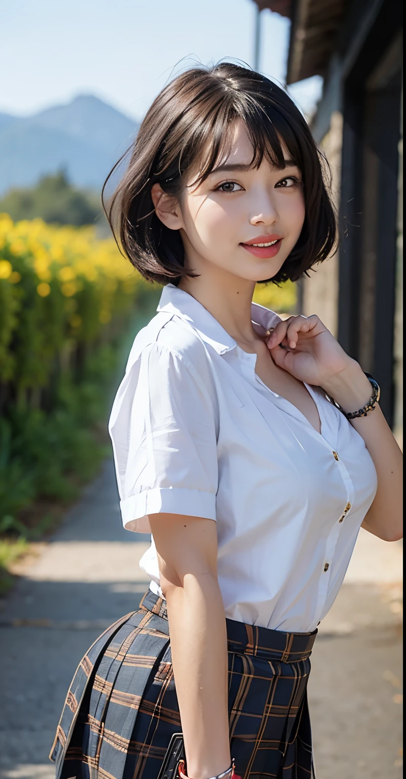 nsfw, 8K raw photo, Best quality, masterpiece, ultra high res, film grain, filmg, 1girl, Japanese girl, looking at viewer, natural skin texture, realistic eye and face details, full lips, lipstick, (makeup), red eyeshadow, fluffy short hair, messy hair, smile, close mouth, beautiful legs, tall female, skinny, slim_legs, solo, enormous breast, cleavage, Pose with buttocks facing you, ultra short skirt, fitted shirt, beautiful nature location, around flower location, (detailed background), plaid skirt, white shirt, enormous breast, cleavage, Show a little cleavage through the shirt, loafers, blurry background, blurry, holding, plaid, short sleeves, jk ribbon on the neck, jk ribbon, black hair, bracelet, water, bangs, school uniform, jewelry, parted lips, lips, from side, pleated skirt, pantyhose, depth of field