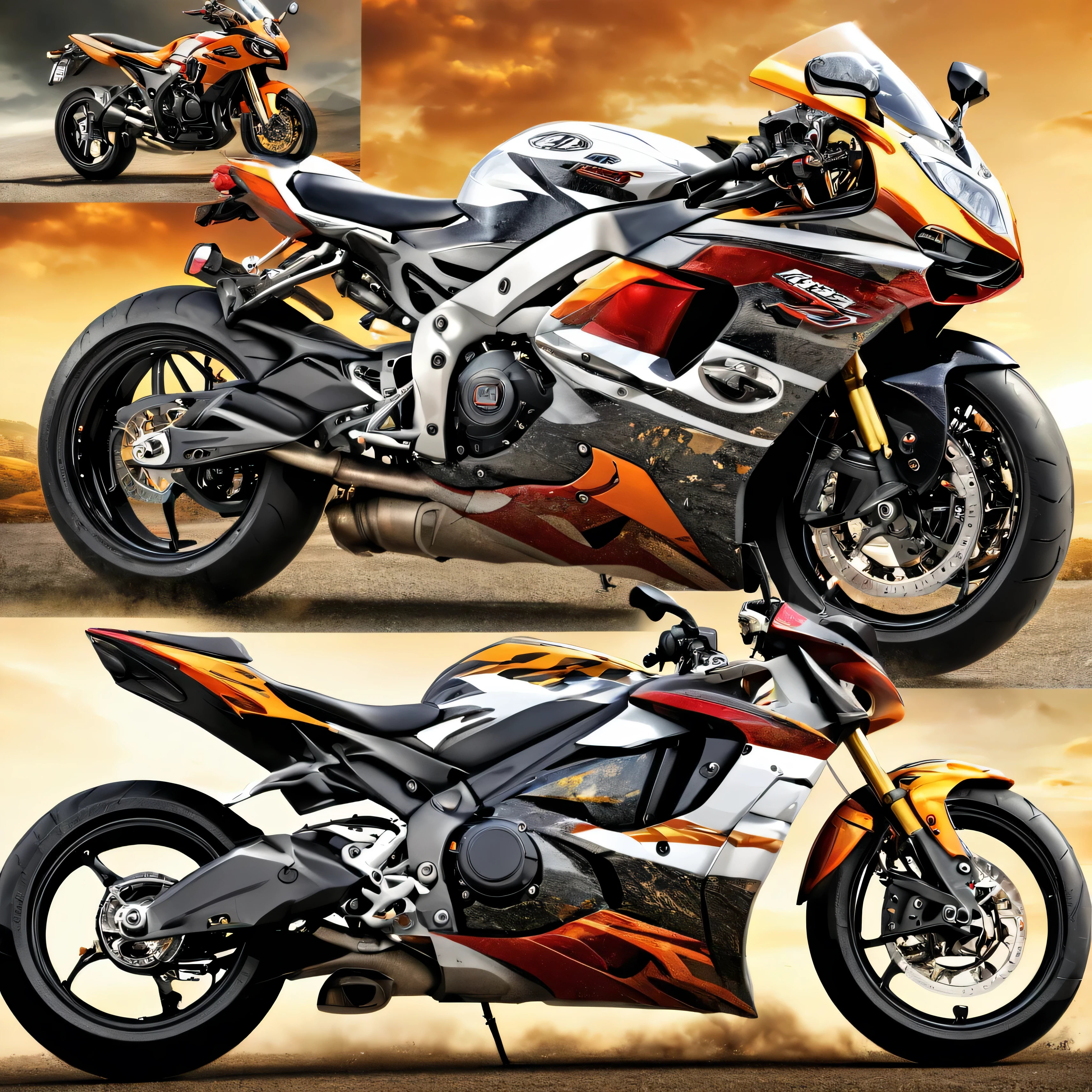 create a sport motorcycle collage, use 40 pictures, overlapping, small pictures, realistic, master piece, high detail, no letters, no humans, wallpaper pattern.