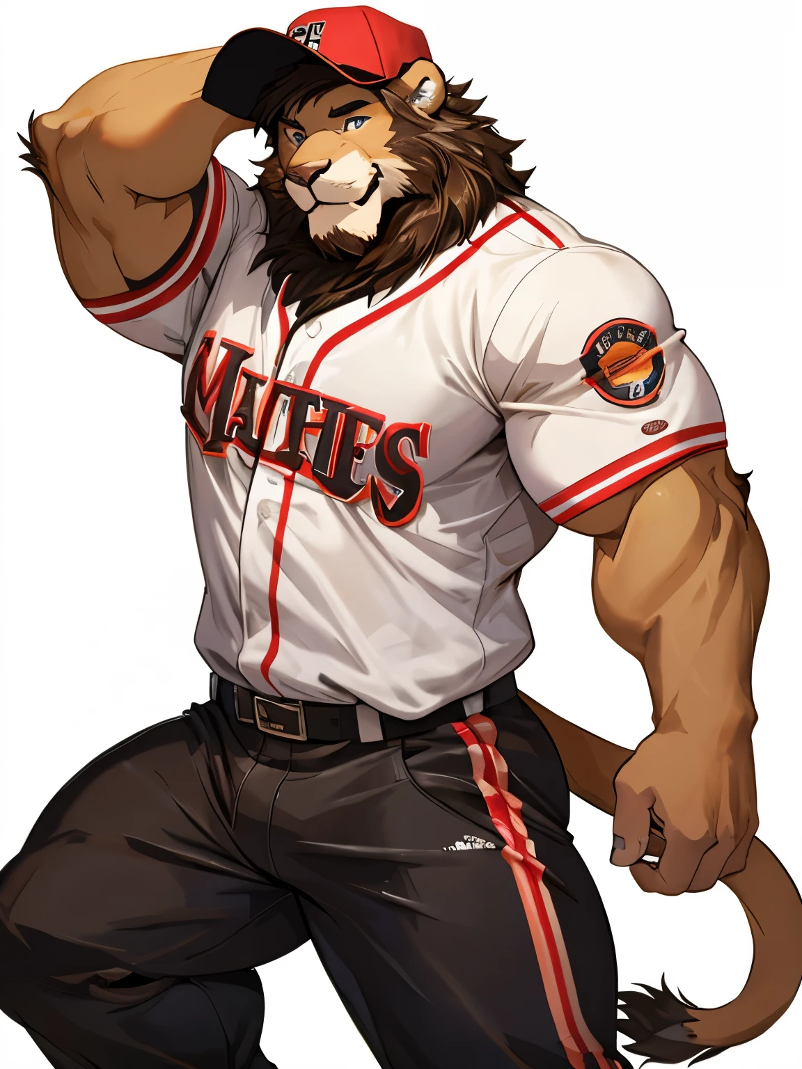 Lion, good looking, male, anthro, ultradetailed, muscular, solo, bareness, rippling muscles, muscles, simple background, white background, tail, smiling, lying, open legs, baseball uniform, furness, baseball cap,